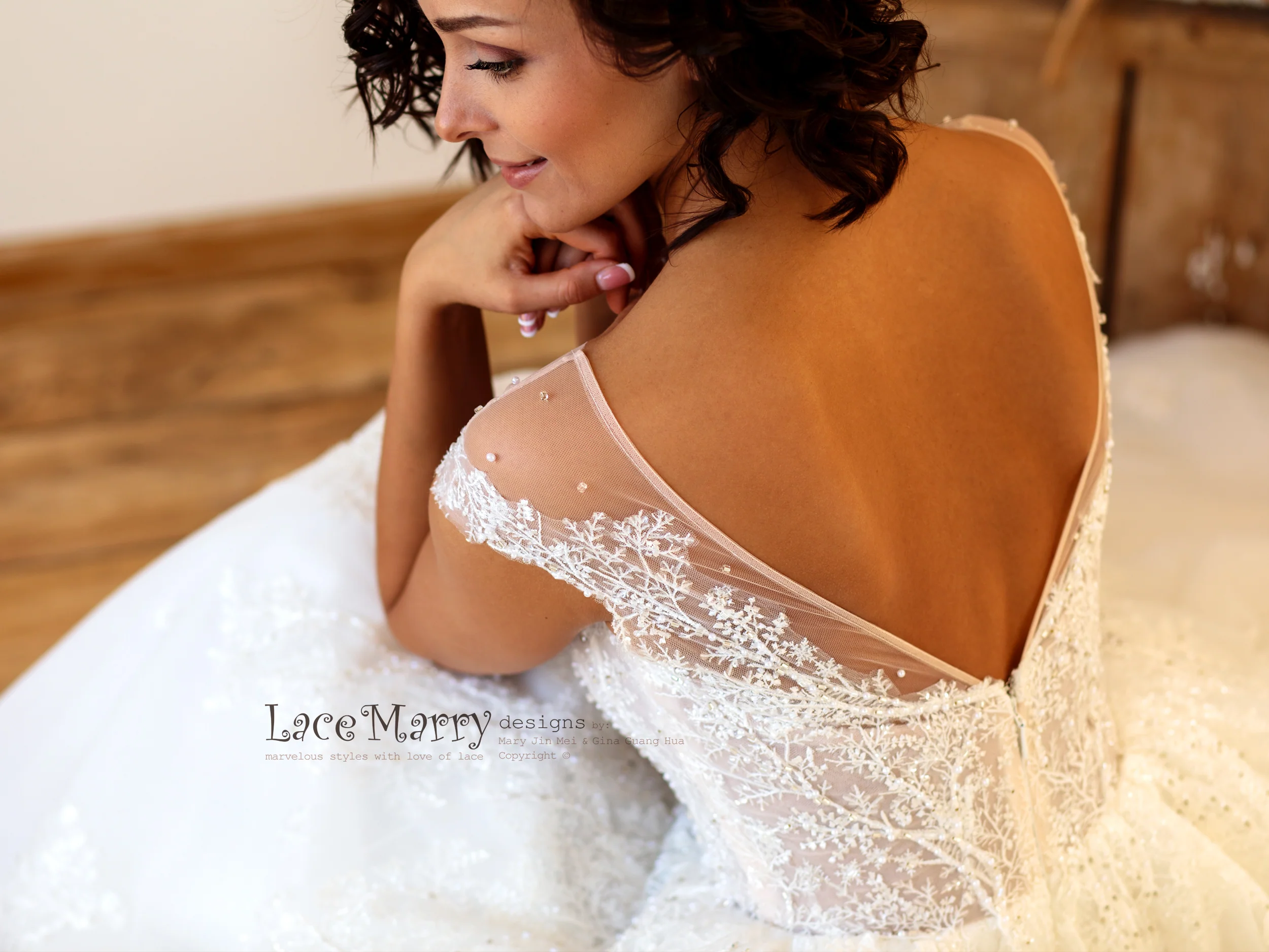 Embroidered Lace Wedding Dress with Illusion Cap Sleeves - Image 14