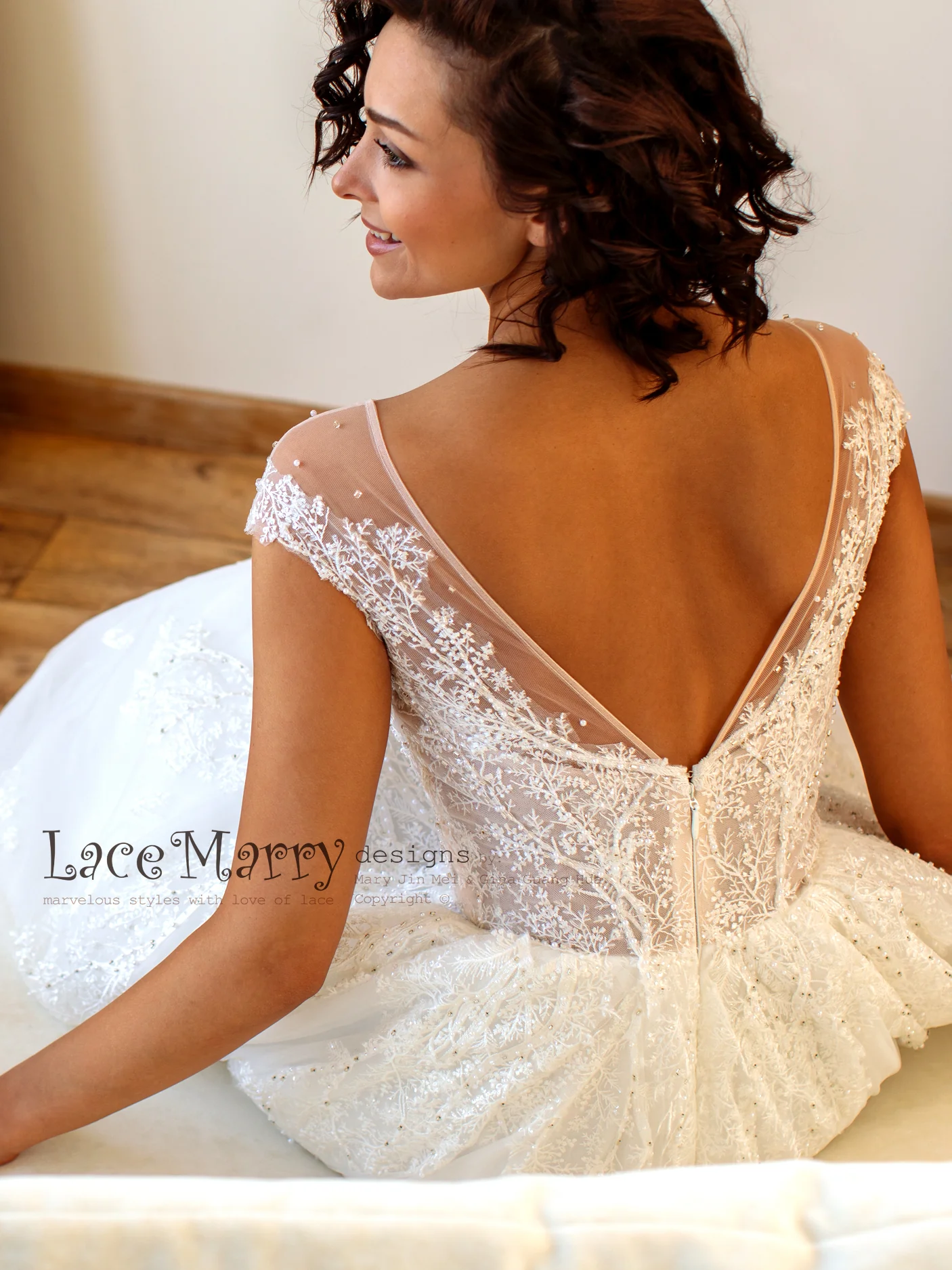Embroidered Lace Wedding Dress with Illusion Cap Sleeves - Image 4