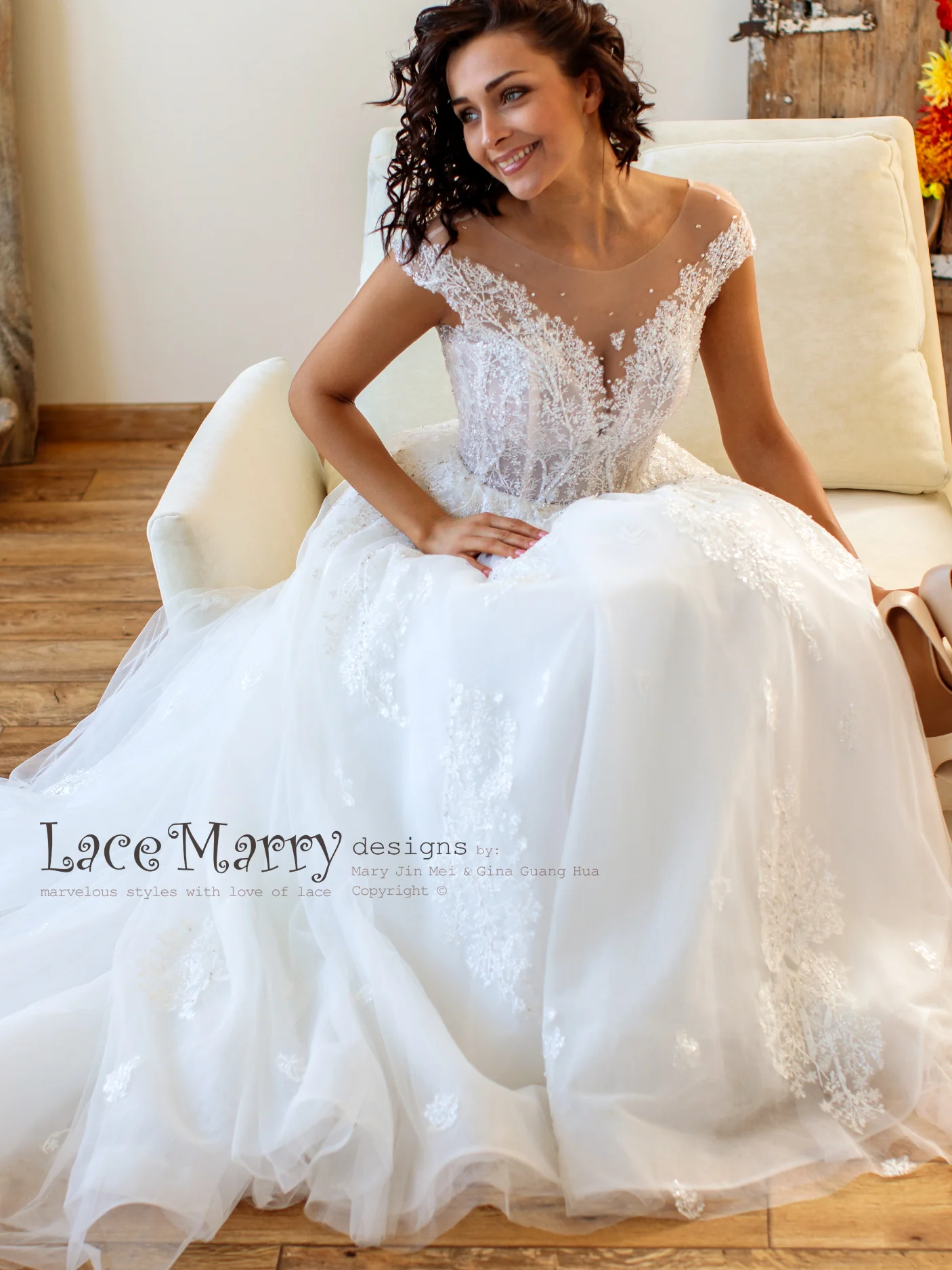 Embroidered Lace Wedding Dress with Illusion Cap Sleeves - Image 5