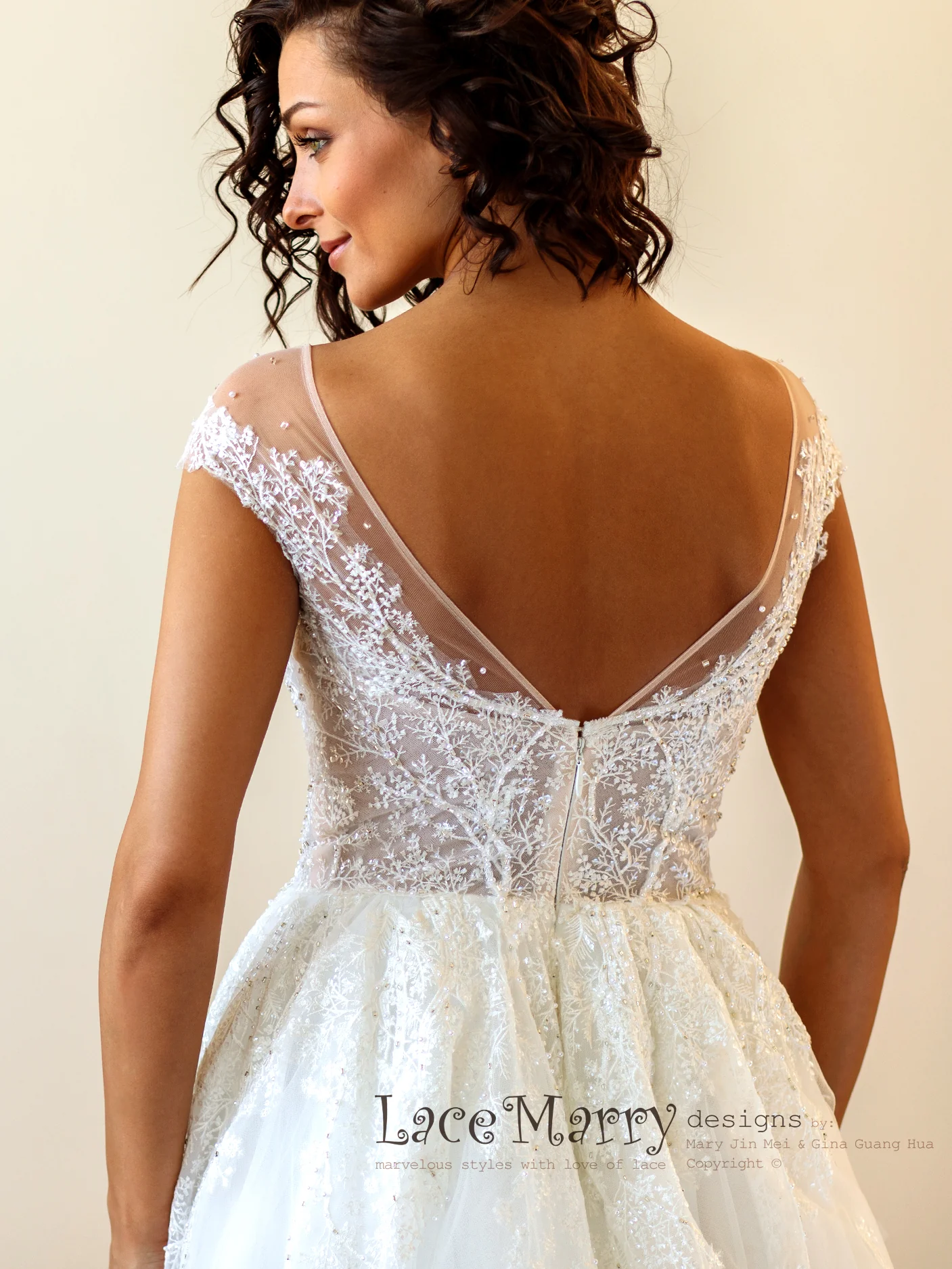 Embroidered Lace Wedding Dress with Illusion Cap Sleeves - Image 7
