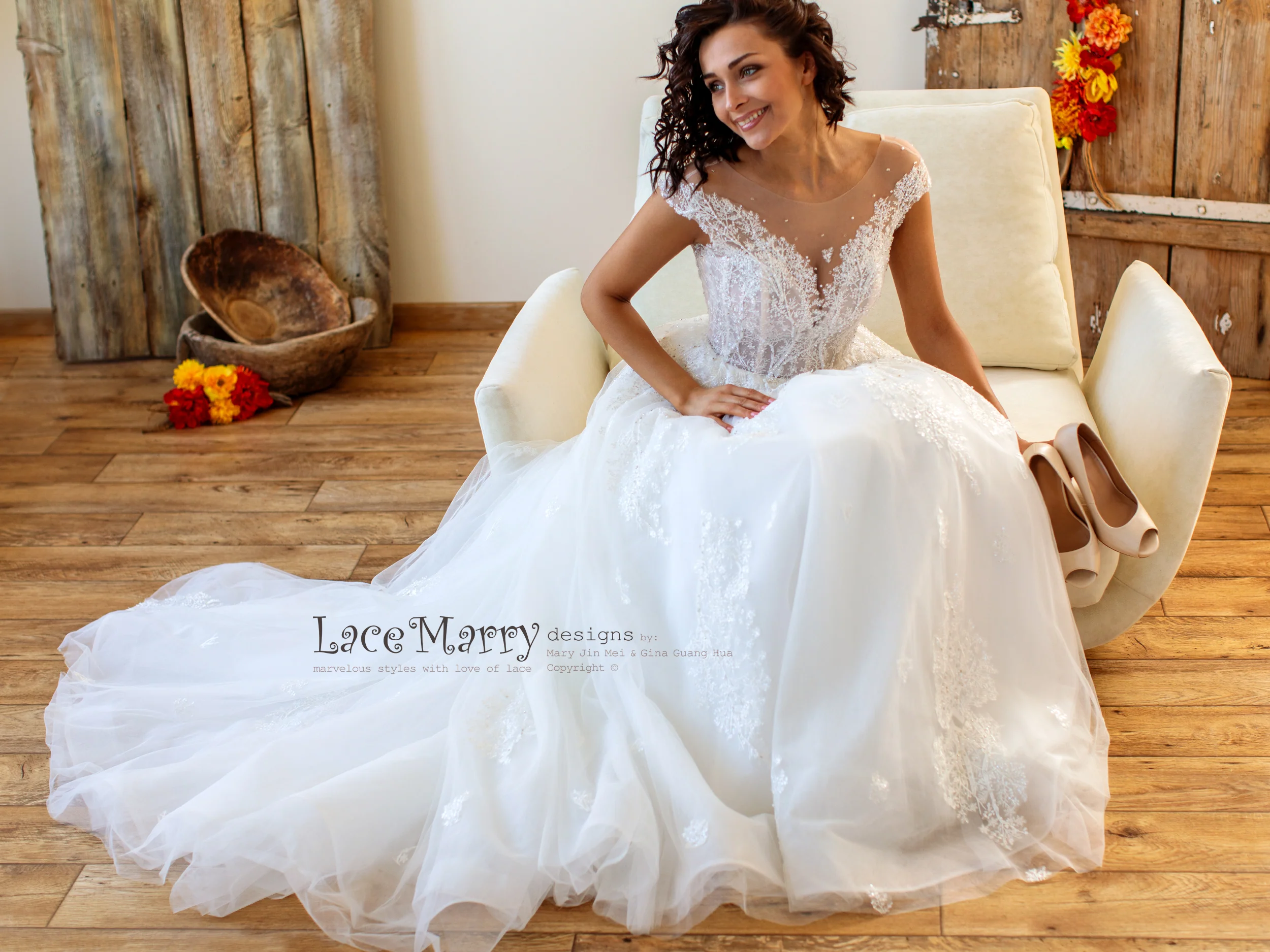 Embroidered Lace Wedding Dress with Illusion Cap Sleeves - Image 9