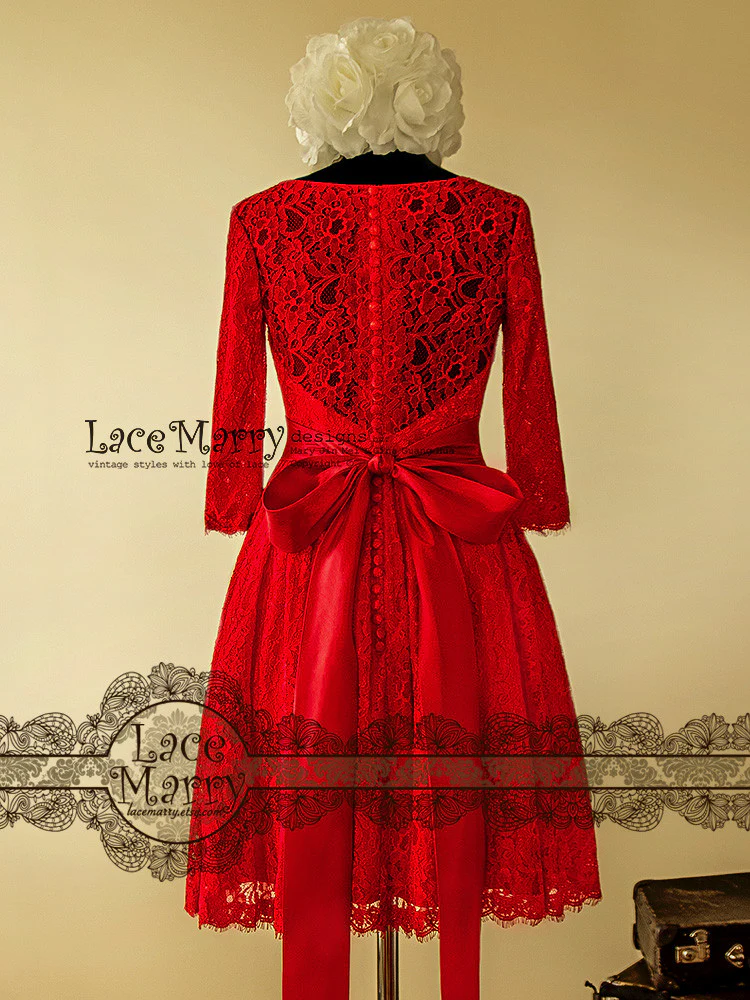 Excellent Knee Length Red Lace Wedding Dress - Image 3
