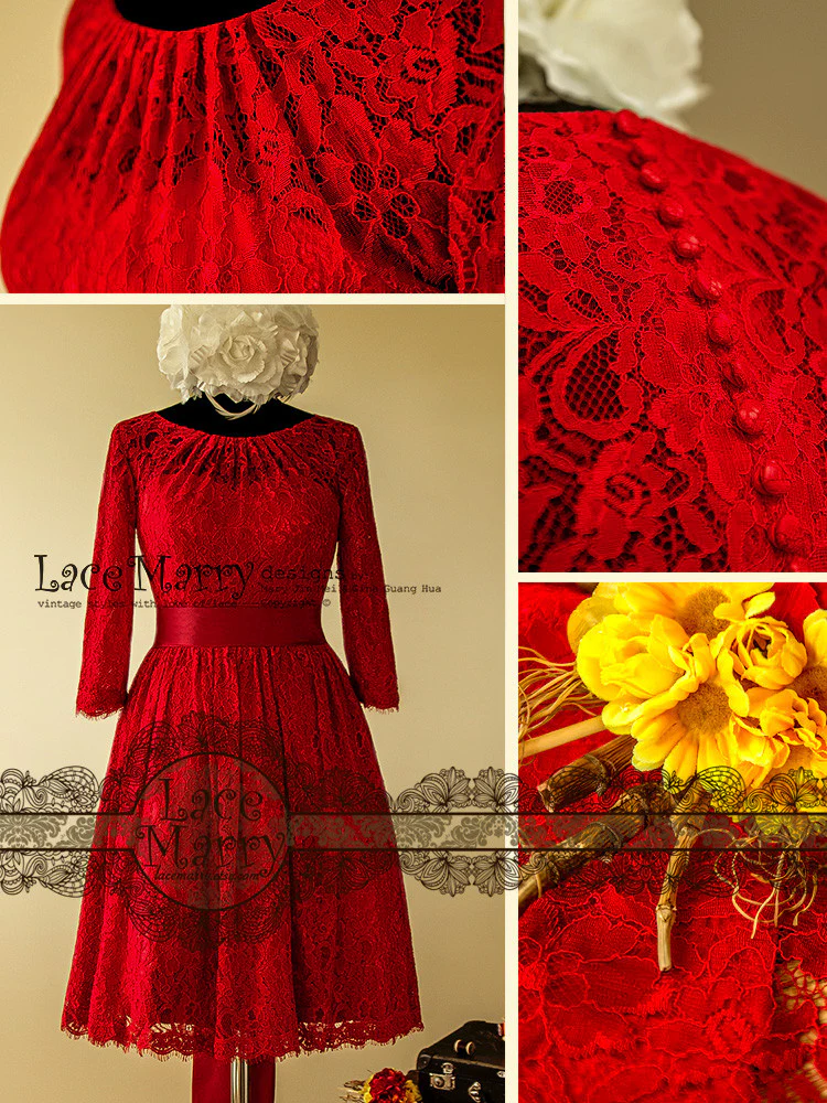 Excellent Knee Length Red Lace Wedding Dress - Image 5