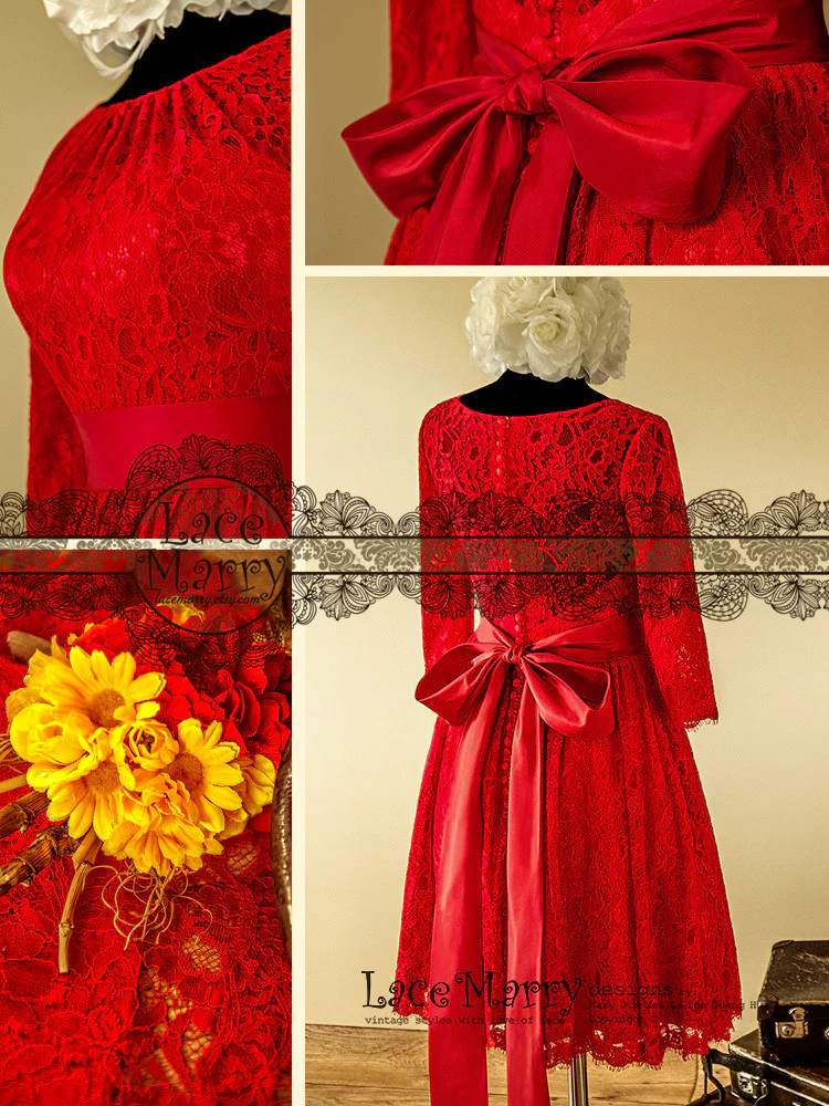 Excellent Knee Length Red Lace Wedding Dress - Image 7