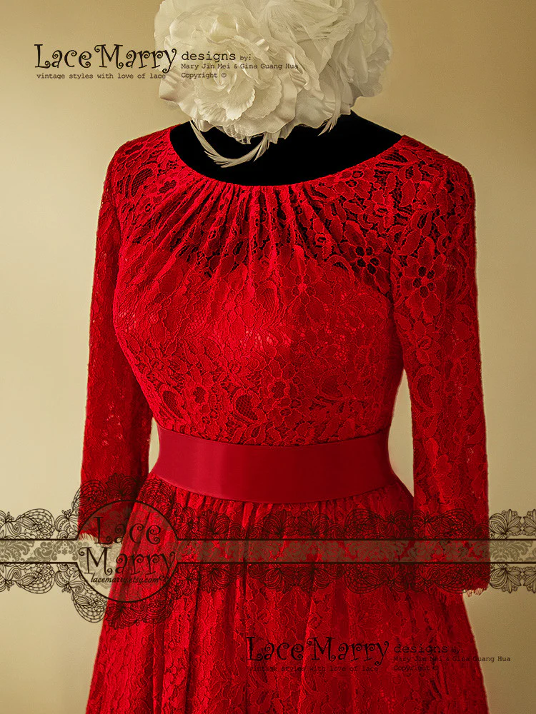 Excellent Knee Length Red Lace Wedding Dress - Image 8