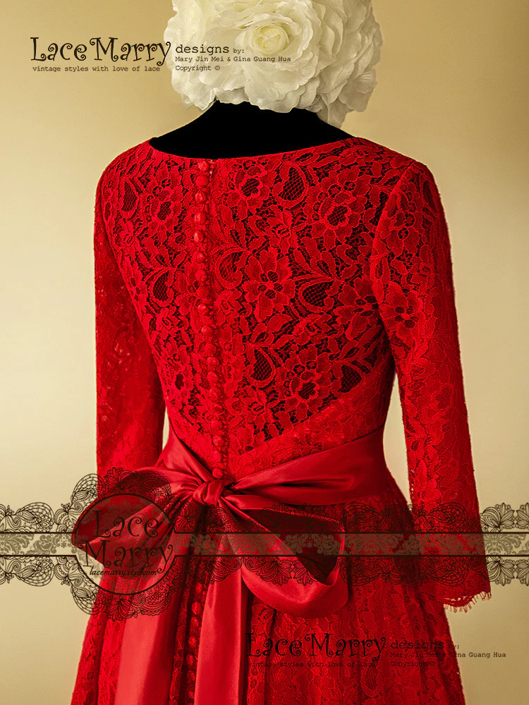 Excellent Knee Length Red Lace Wedding Dress - Image 9