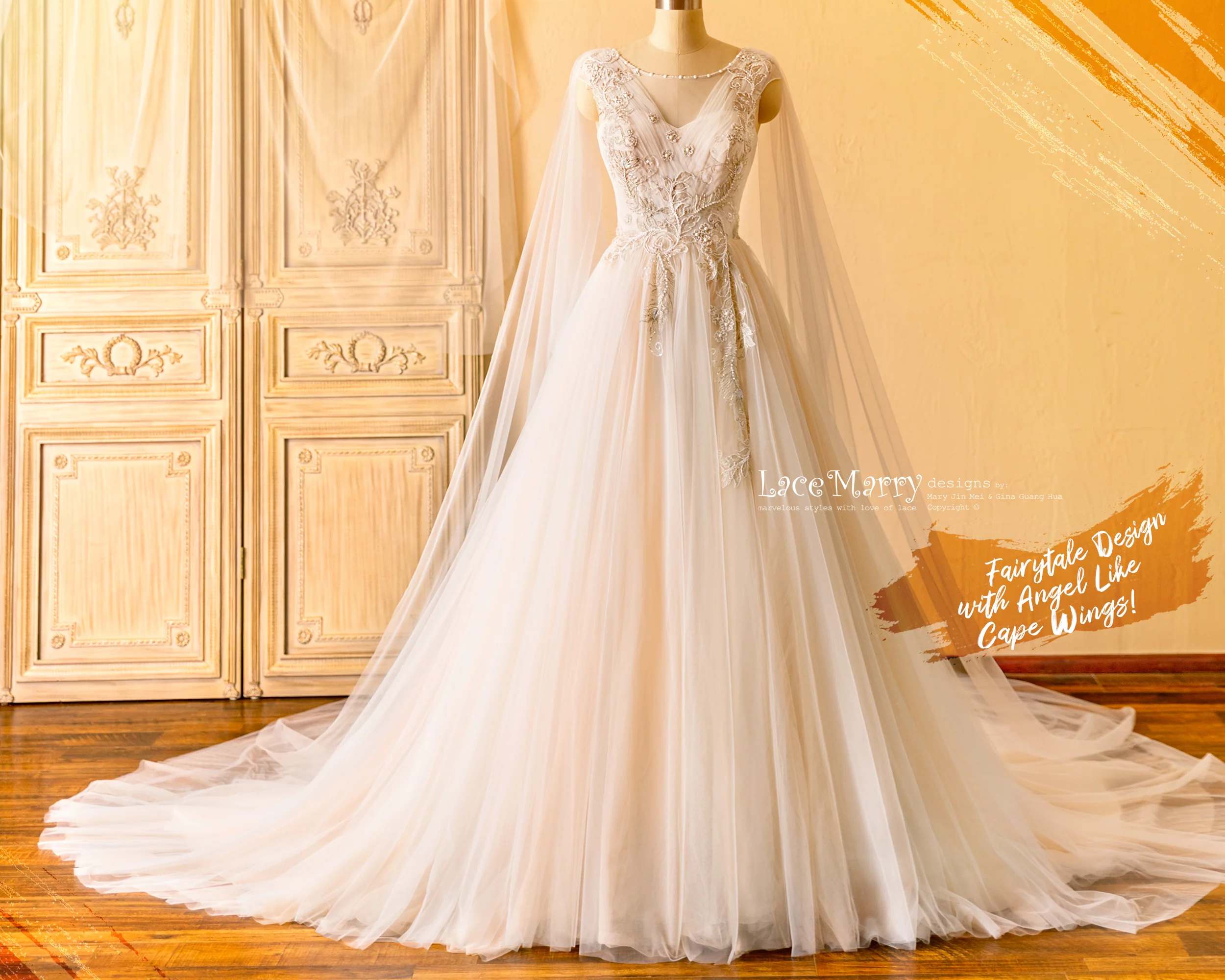 SAFFI / Fairytale Design Wedding Dress with Angel Like Cape Wings - Image 6