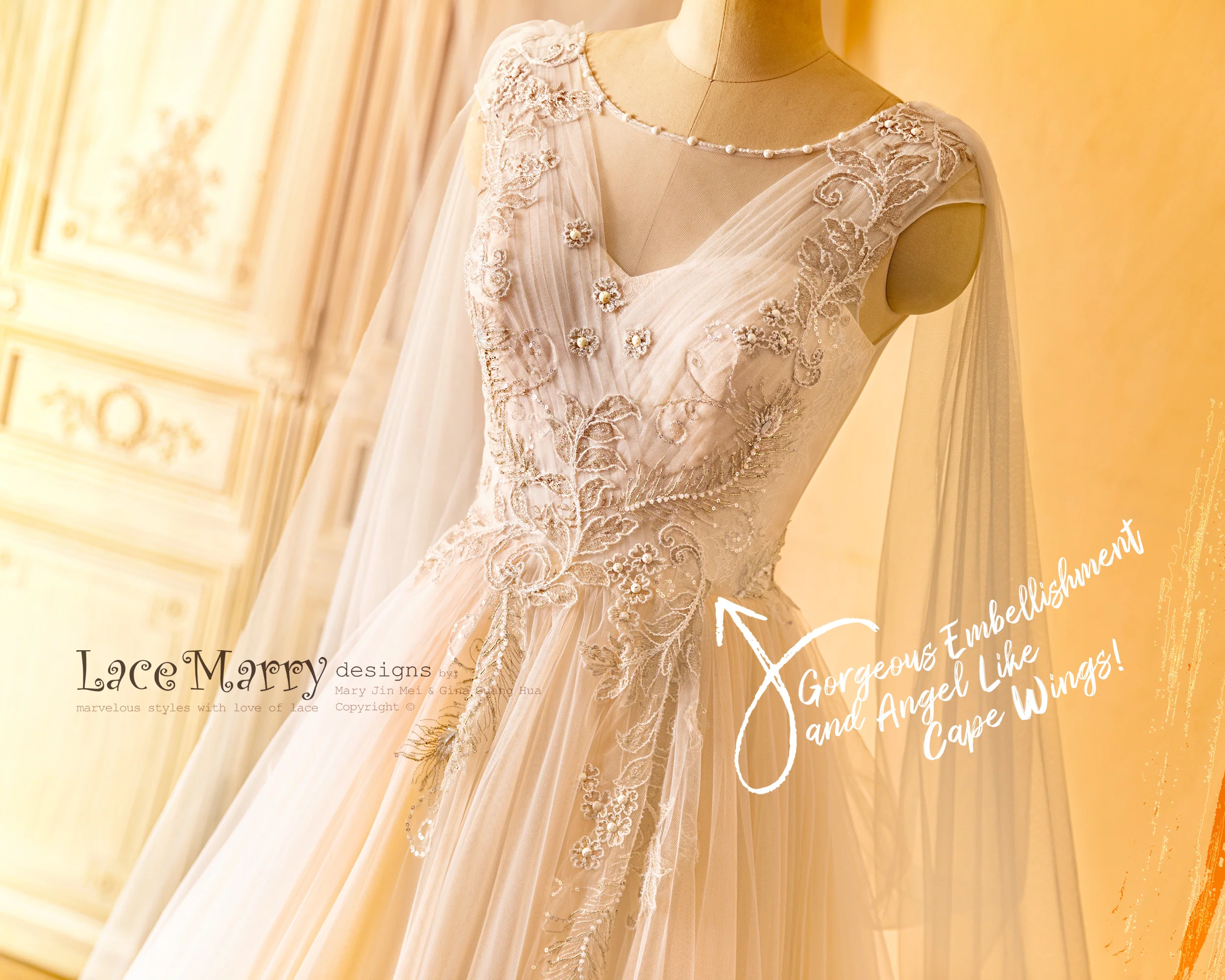 SAFFI / Fairytale Design Wedding Dress with Angel Like Cape Wings - Image 8