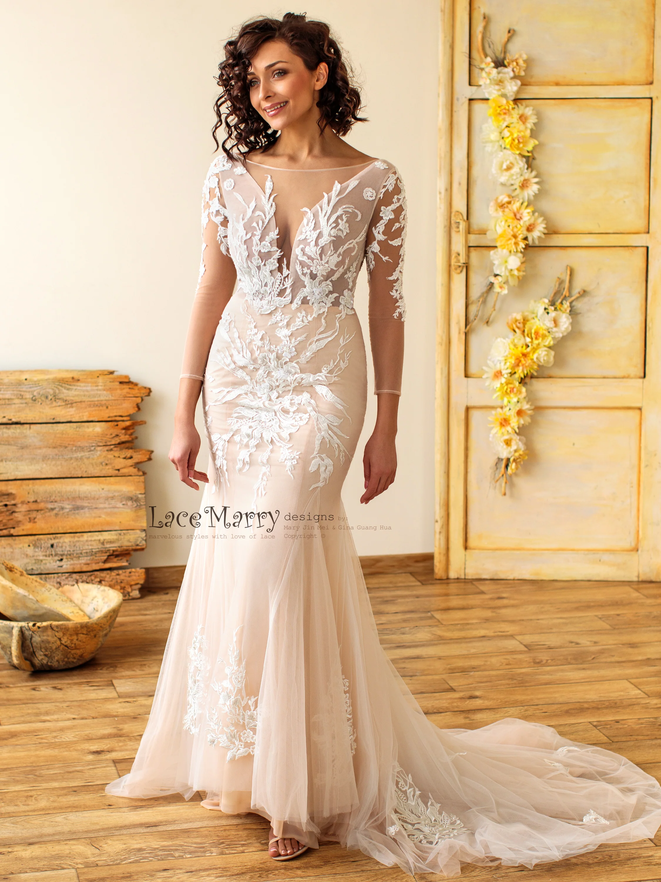 Fitted Deep Plunge Wedding Dress with Handmade Beading - Image 3