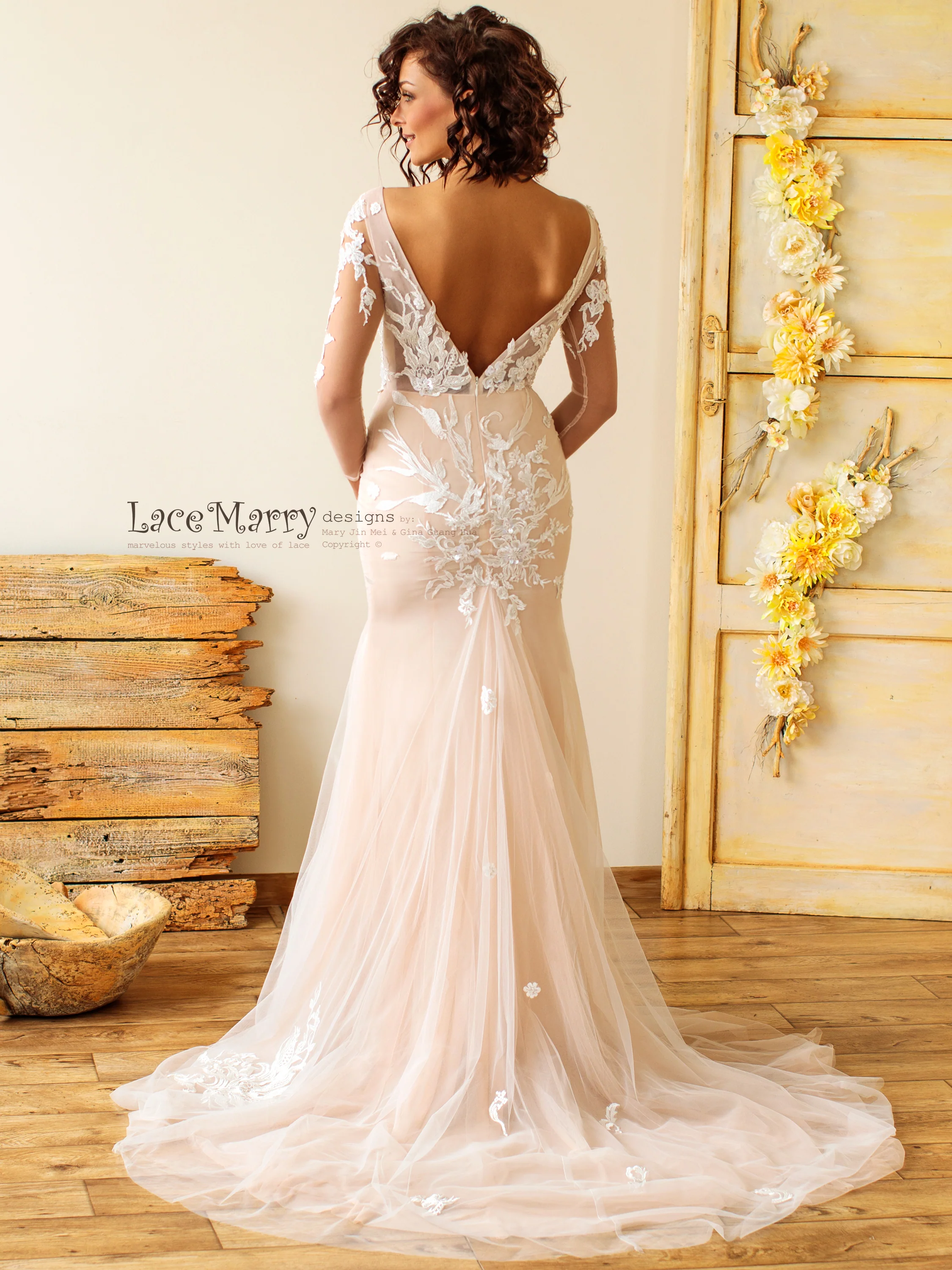 Fitted Deep Plunge Wedding Dress with Handmade Beading - Image 4