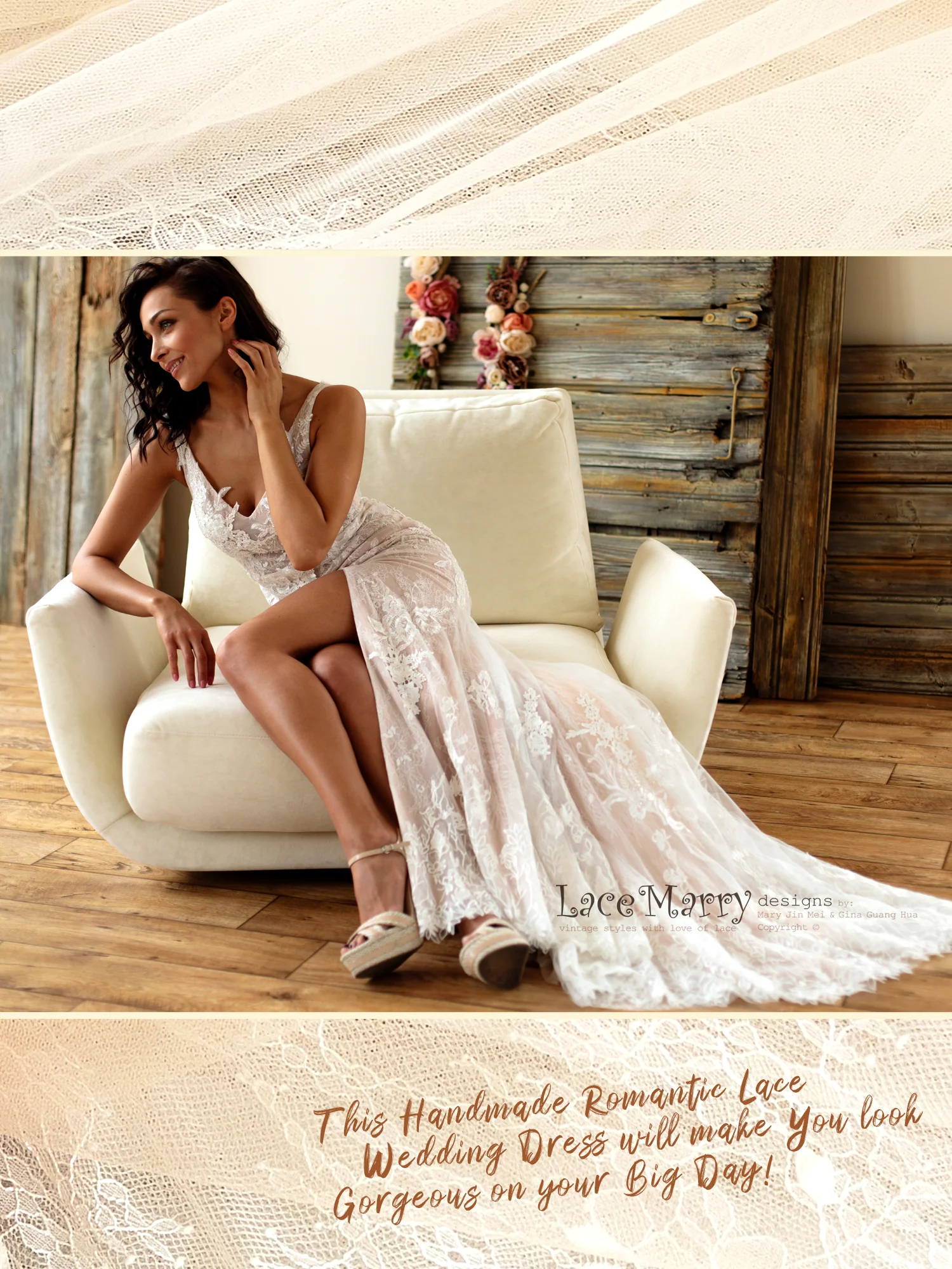 Fitted Lace Wedding Dress with Slit from French Lace - Image 10