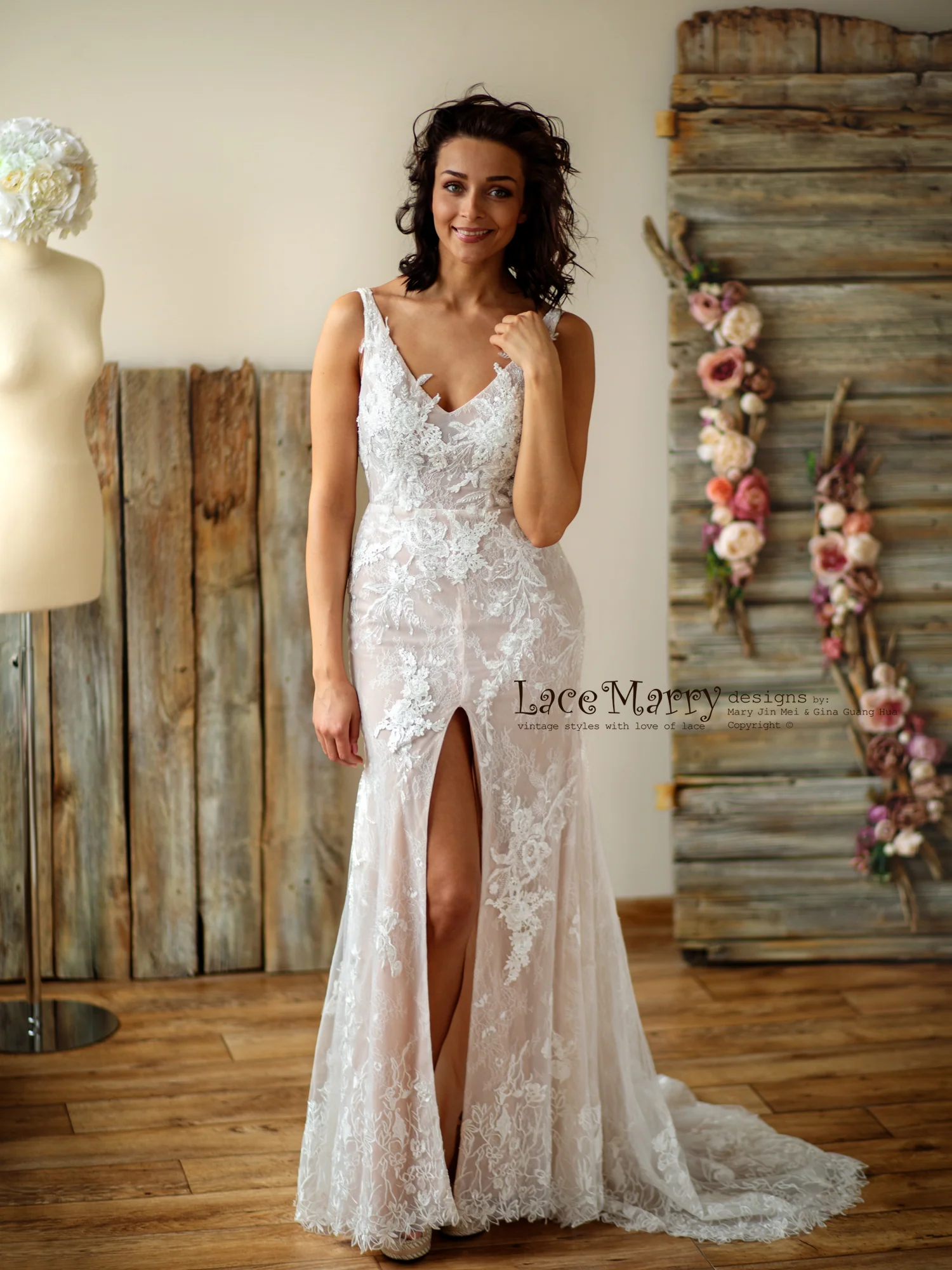 Fitted Lace Wedding Dress with Slit from French Lace - Image 4