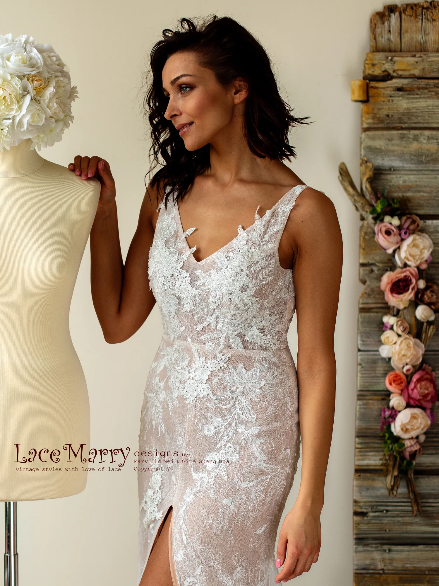 Fitted Lace Wedding Dress with Slit from French Lace - Image 9