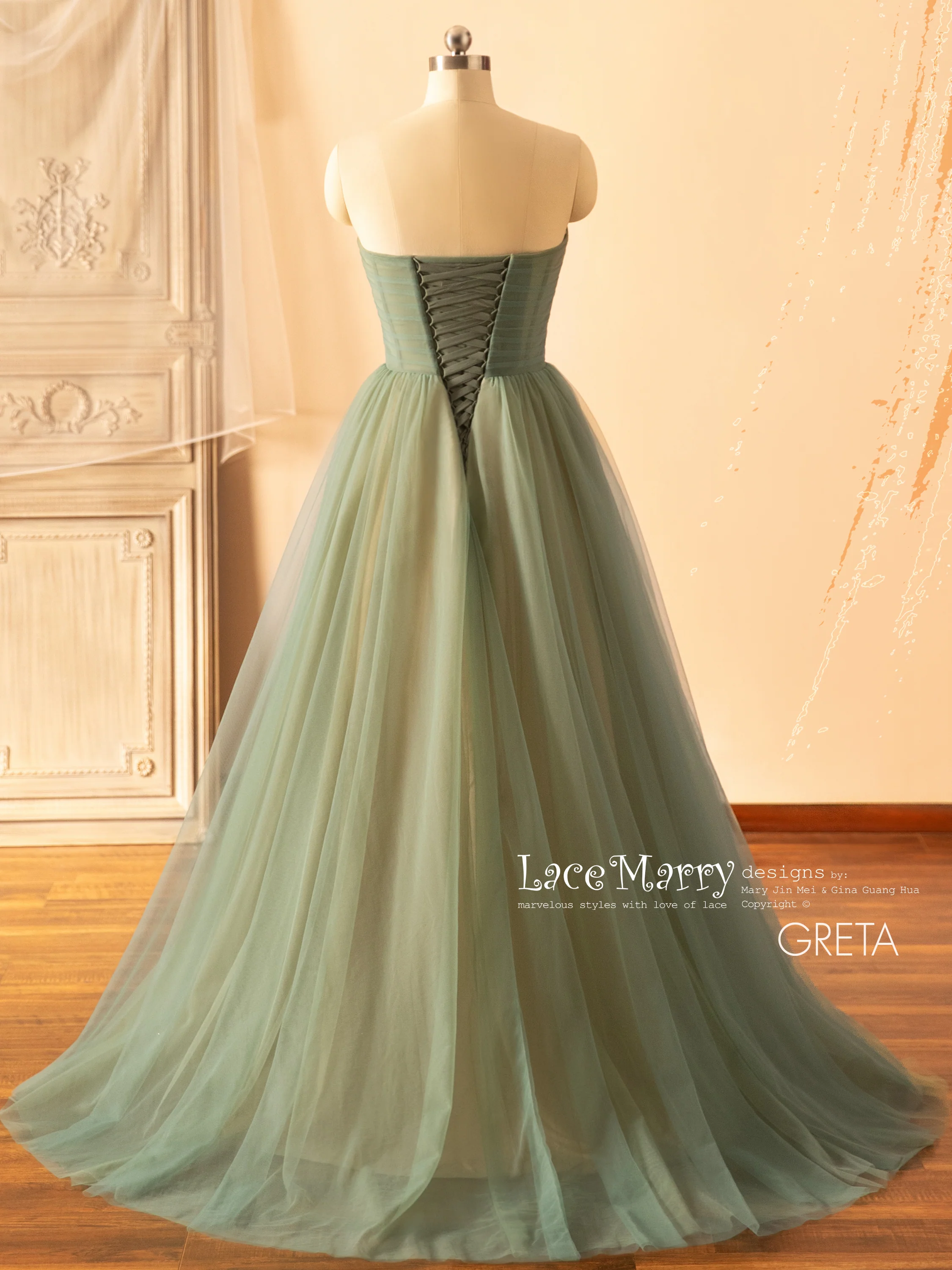 GRETA / Green Wedding Dress with Colored Flower Applique - Image 5