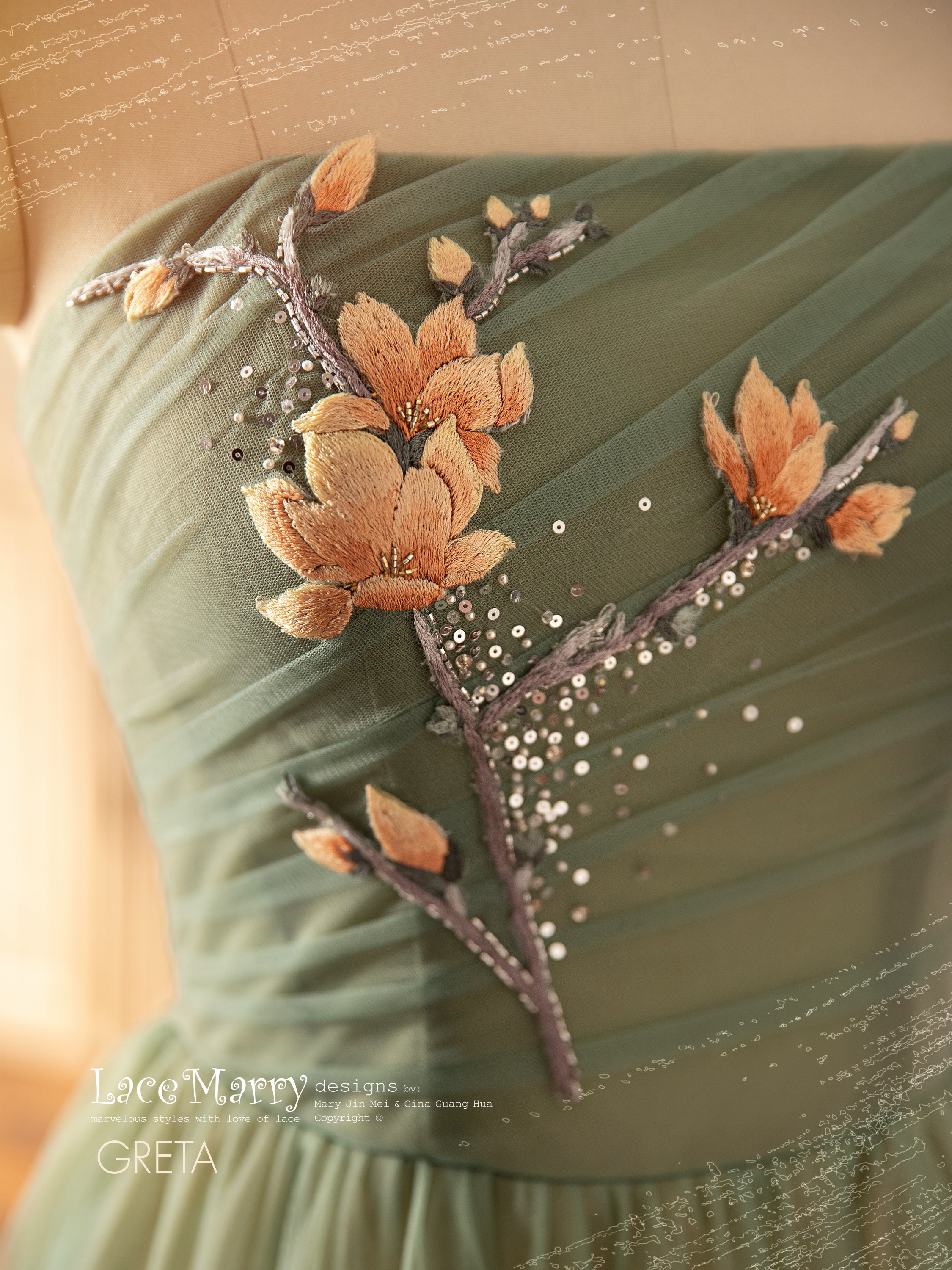 GRETA / Green Wedding Dress with Colored Flower Applique - Image 6