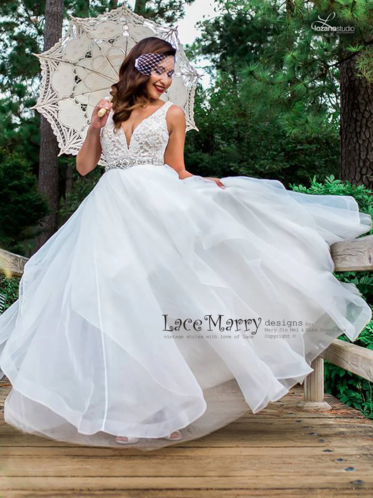 Airy A Line Wedding Dress with Lace Top with Deep V - Image 5