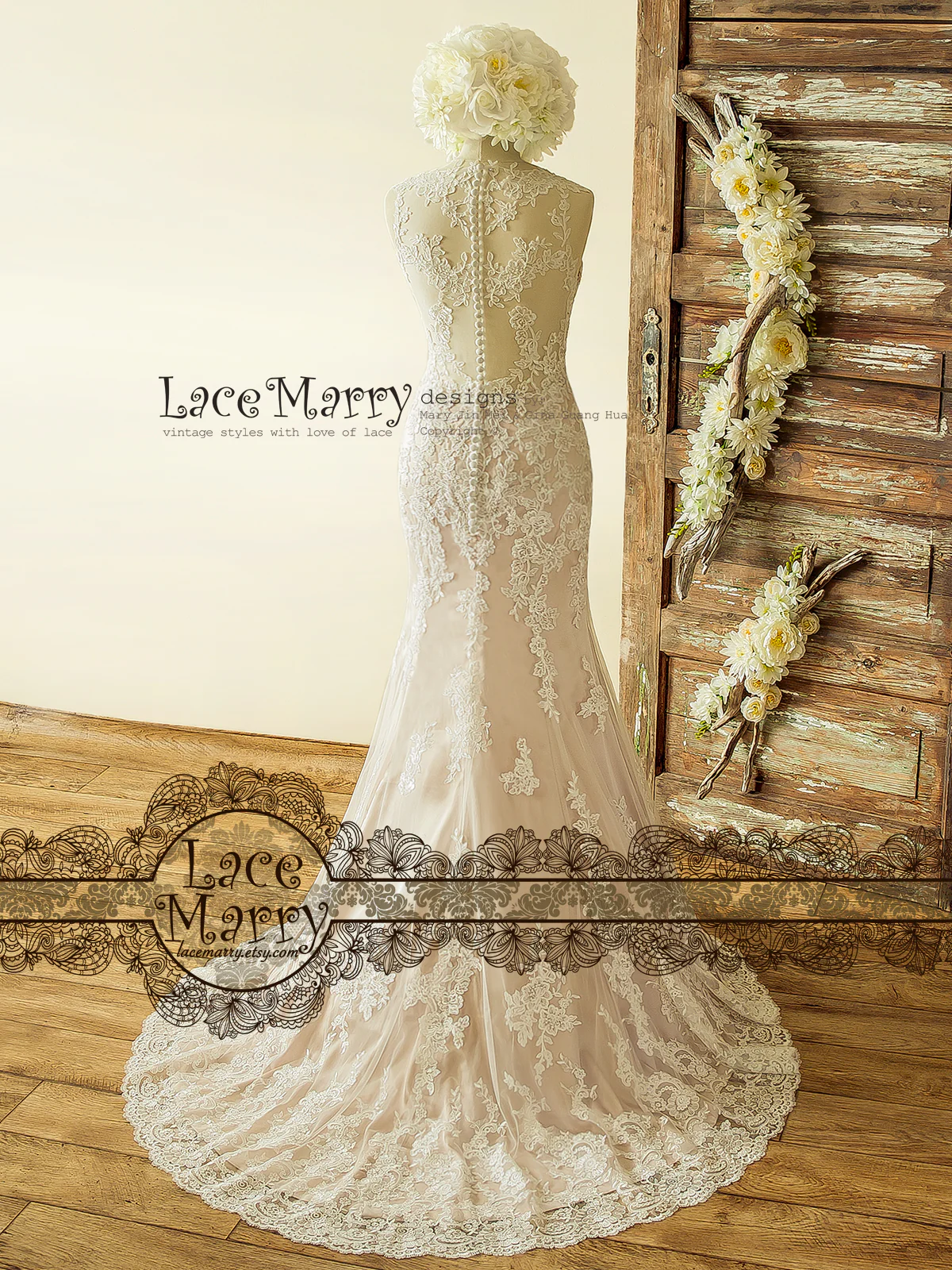 Incredible Blush Wedding Dress from Ivory Lace Flower Appliques - Image 3