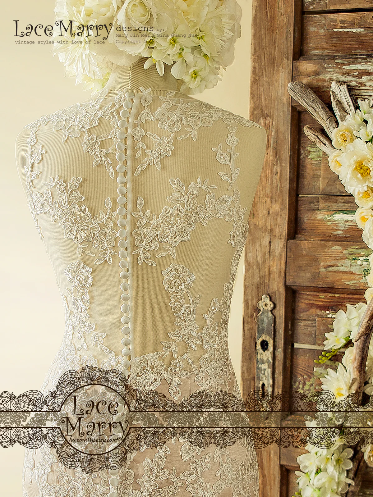 Incredible Blush Wedding Dress from Ivory Lace Flower Appliques - Image 4