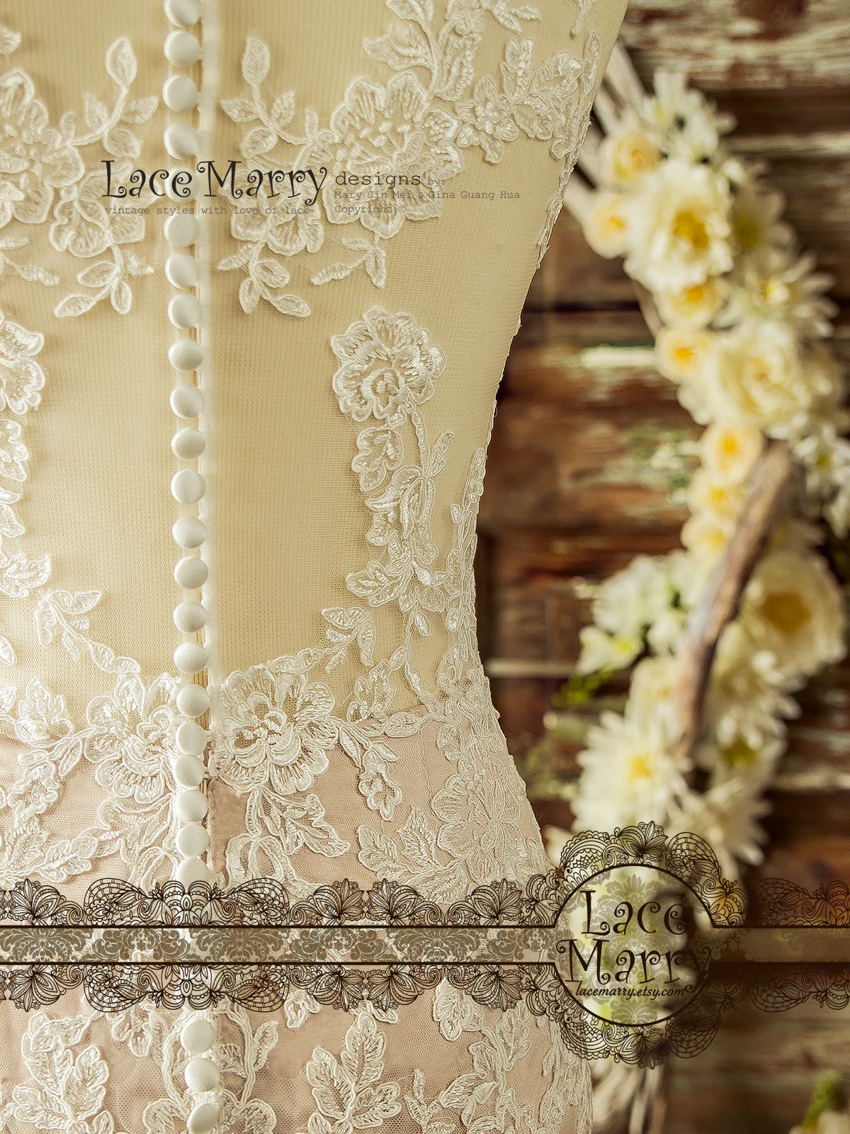 Incredible Blush Wedding Dress from Ivory Lace Flower Appliques - Image 6