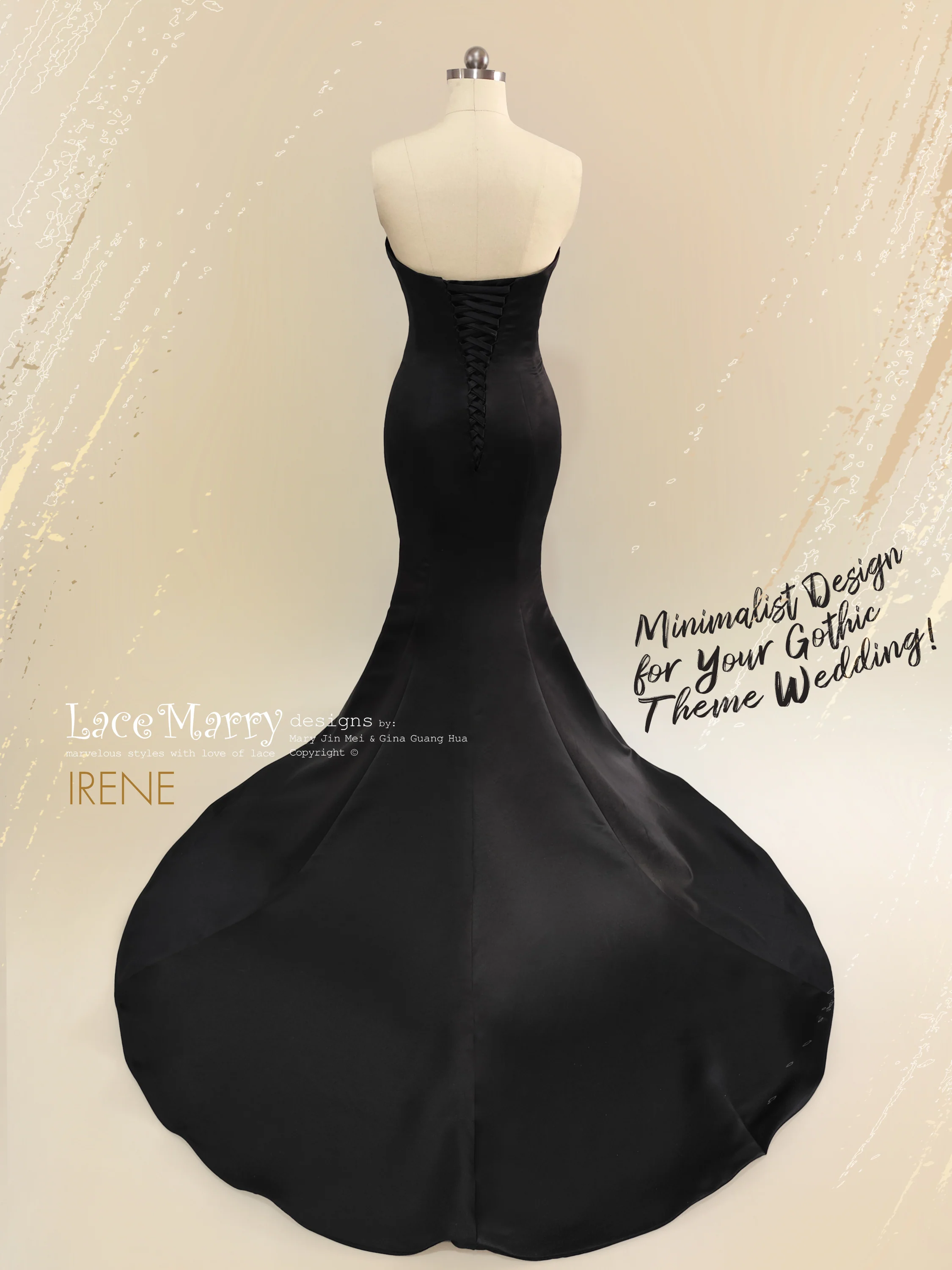 IRENE / Black Satin Wedding Dress with Strapless Sweetheart Neckline - Image 3