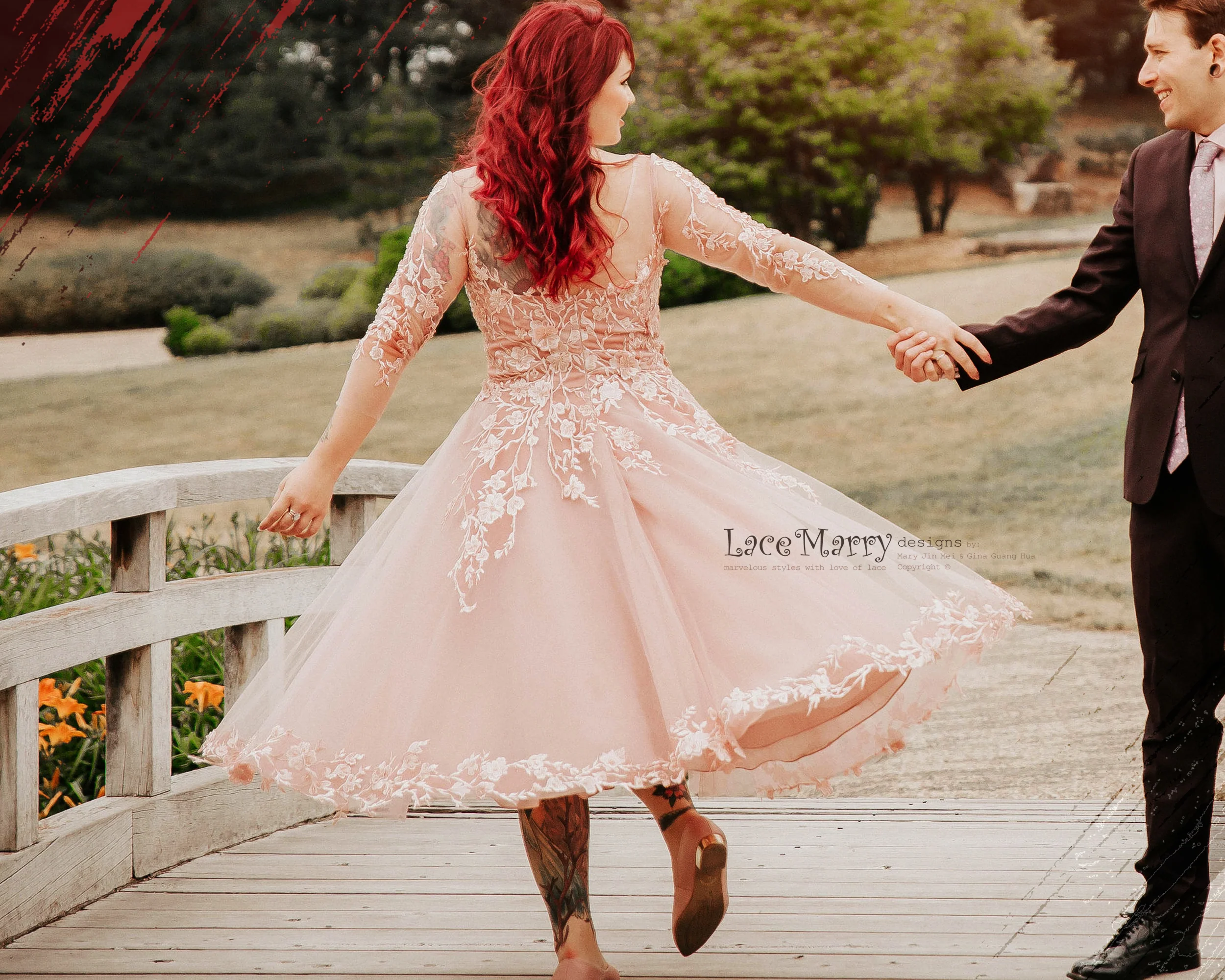 JENESSA / Tea Length Blush Wedding Dress with Long Sleeves - Image 10