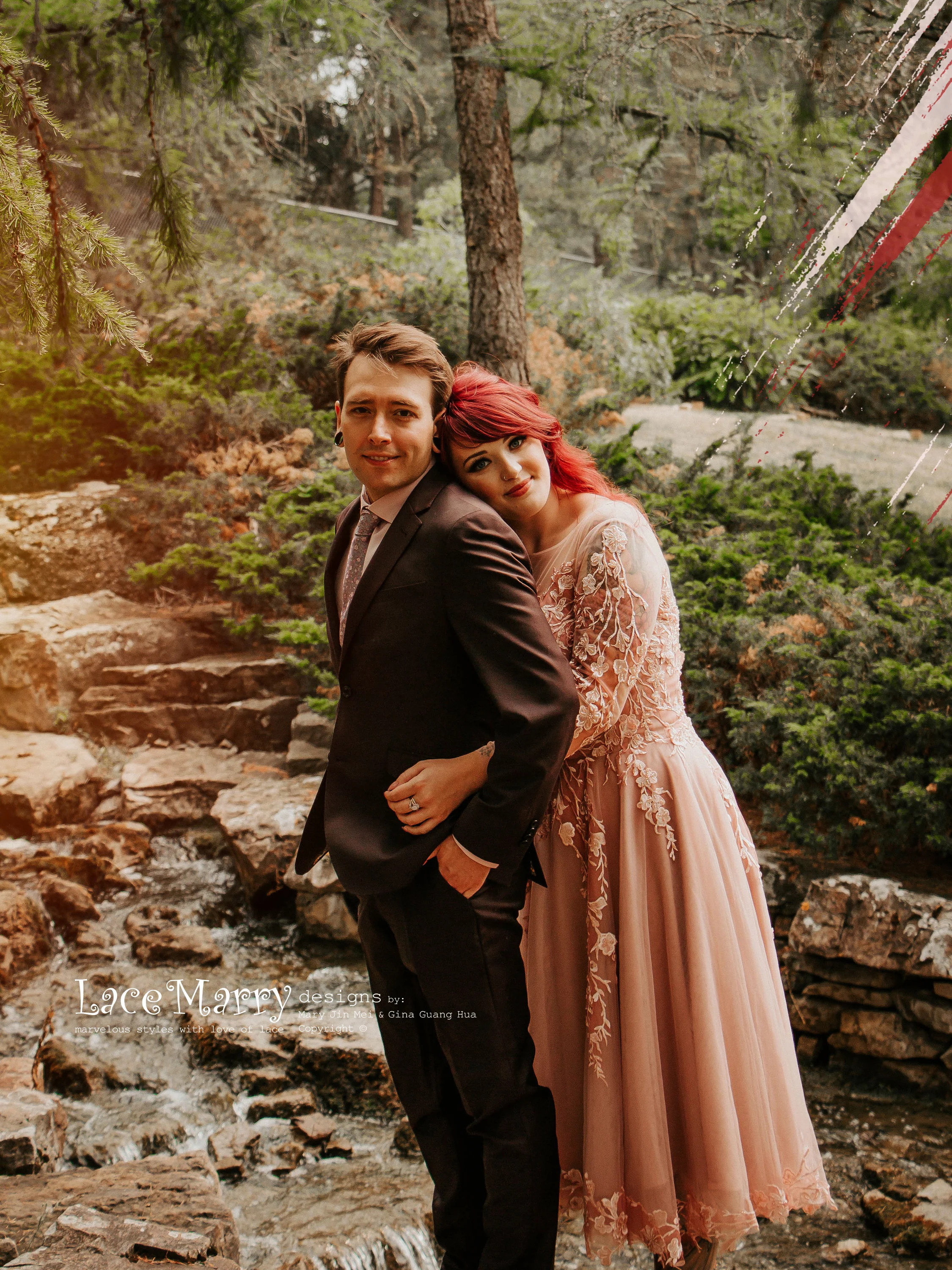 JENESSA / Tea Length Blush Wedding Dress with Long Sleeves - Image 4