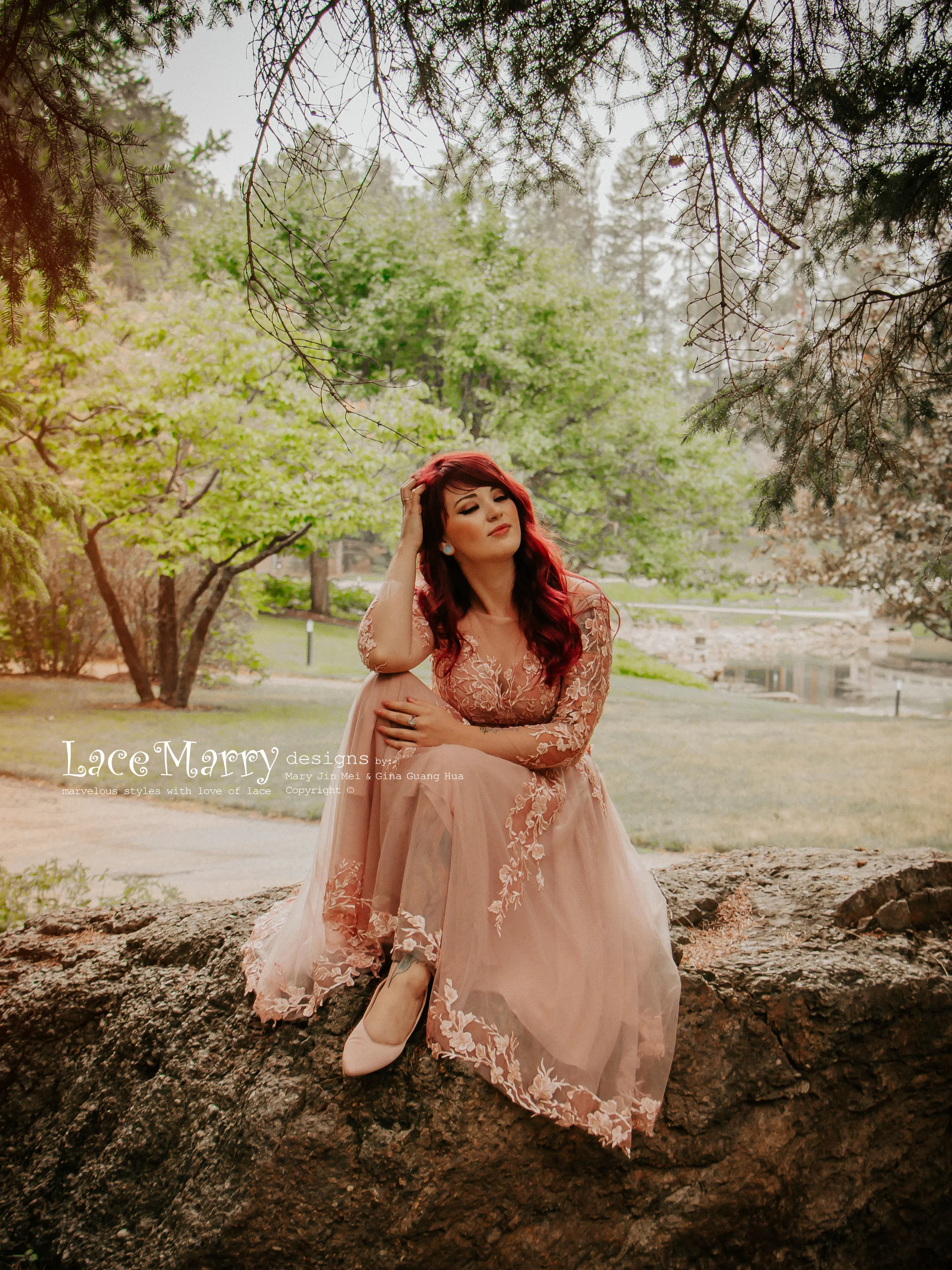 JENESSA / Tea Length Blush Wedding Dress with Long Sleeves - Image 5