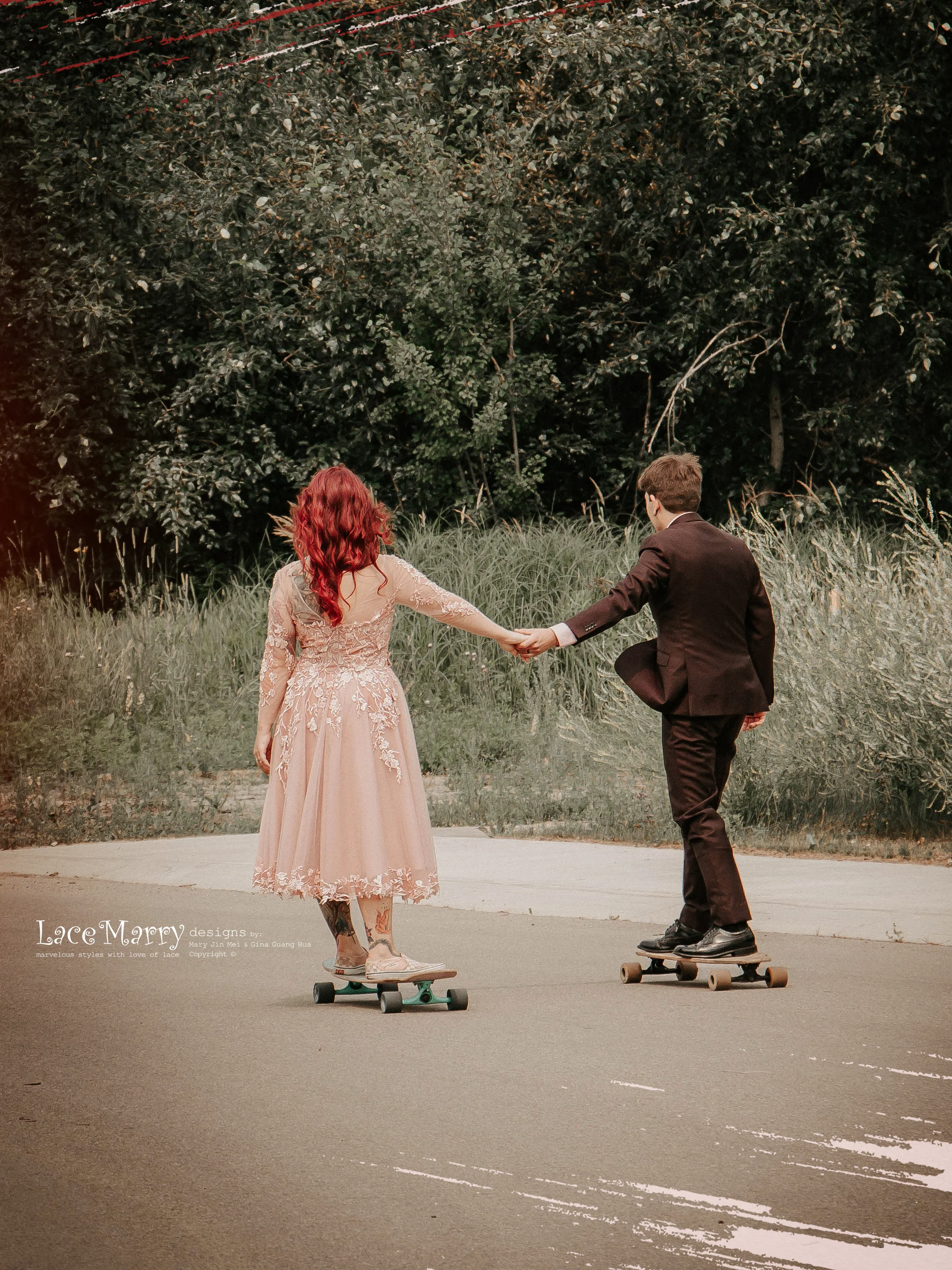 JENESSA / Tea Length Blush Wedding Dress with Long Sleeves - Image 7