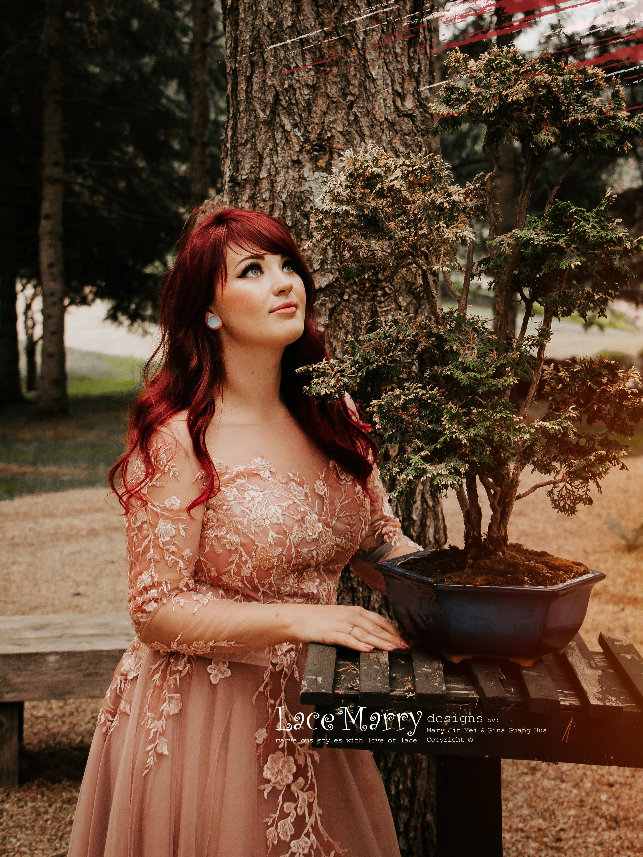 JENESSA / Tea Length Blush Wedding Dress with Long Sleeves - Image 8