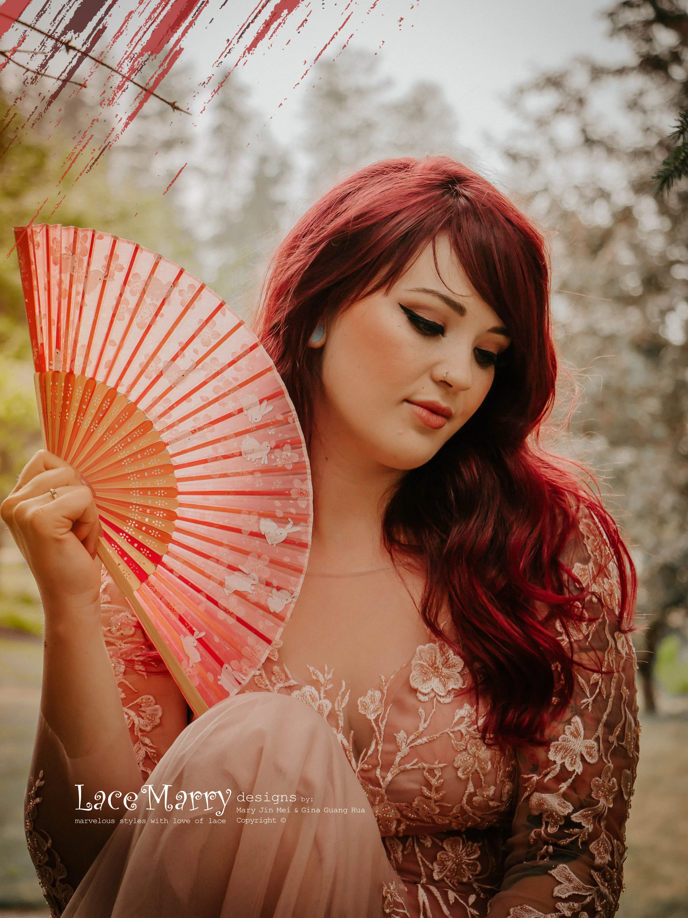 JENESSA / Tea Length Blush Wedding Dress with Long Sleeves - Image 9