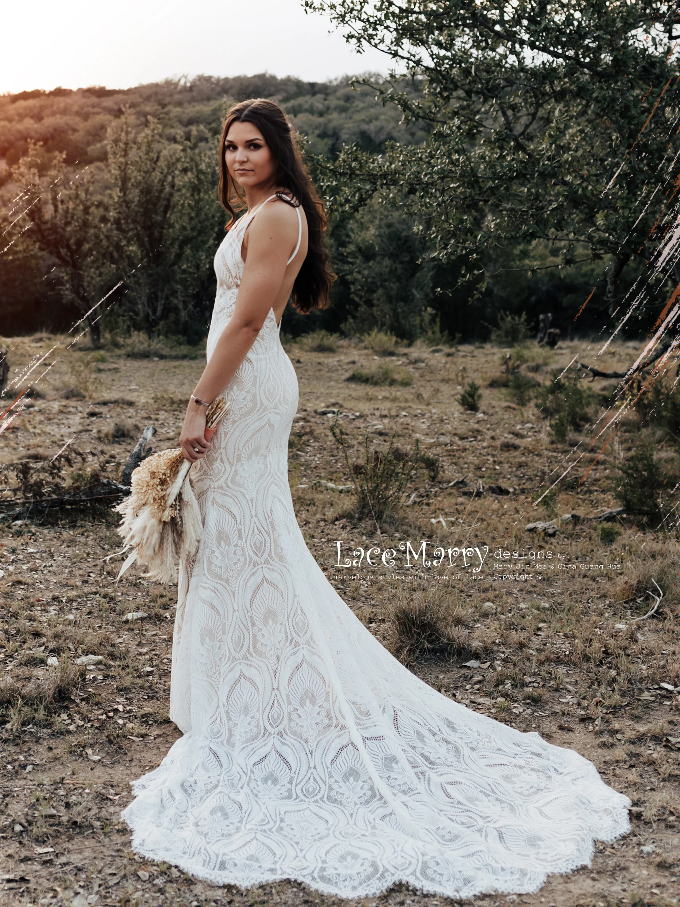 KAILEY / Lace Boho Wedding Dress with Deep V Neck - Image 3
