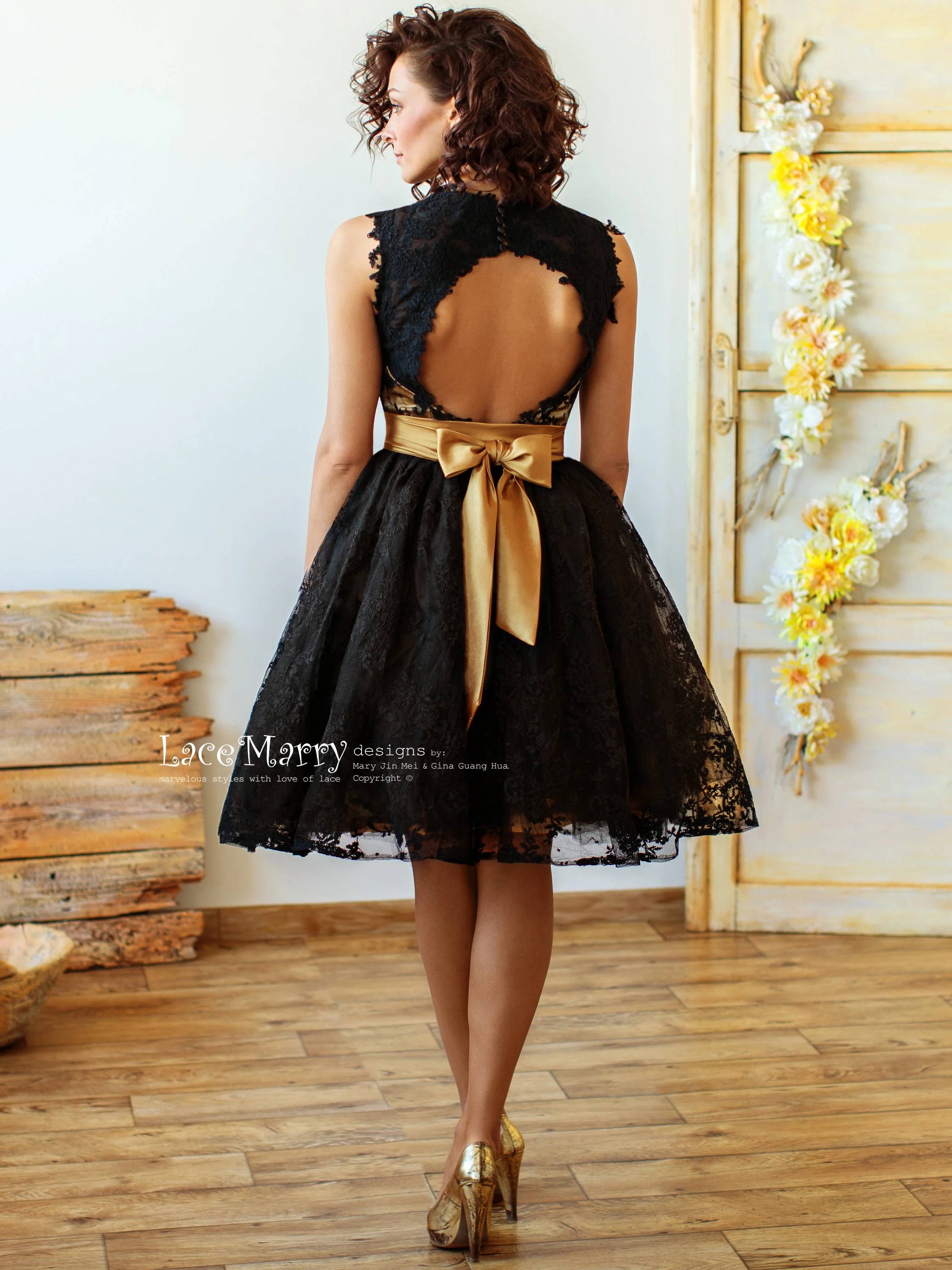 Knee Length Black Wedding Dress with Gold Underlay and Sash - Image 3