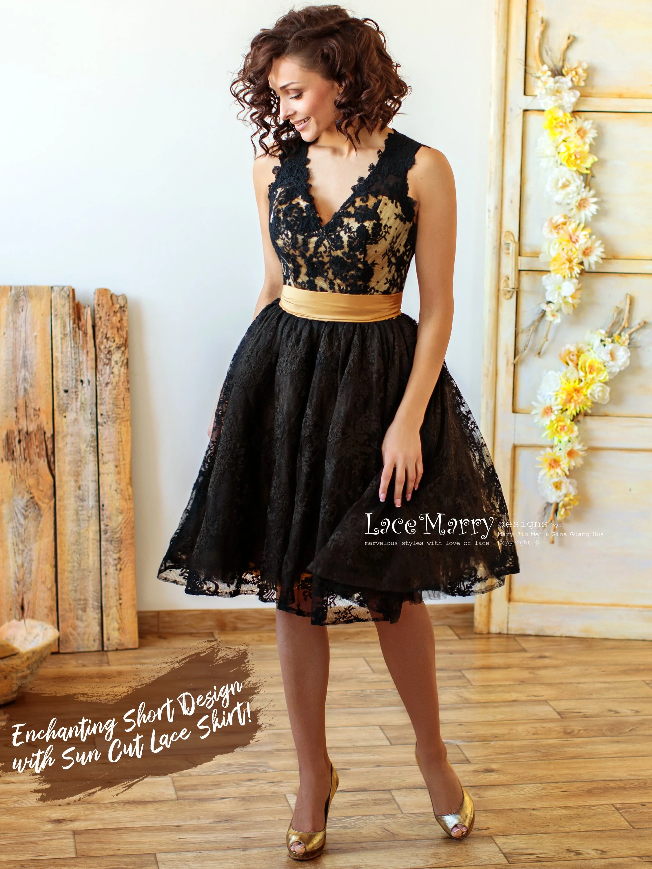 Knee Length Black Wedding Dress with Gold Underlay and Sash - Image 4