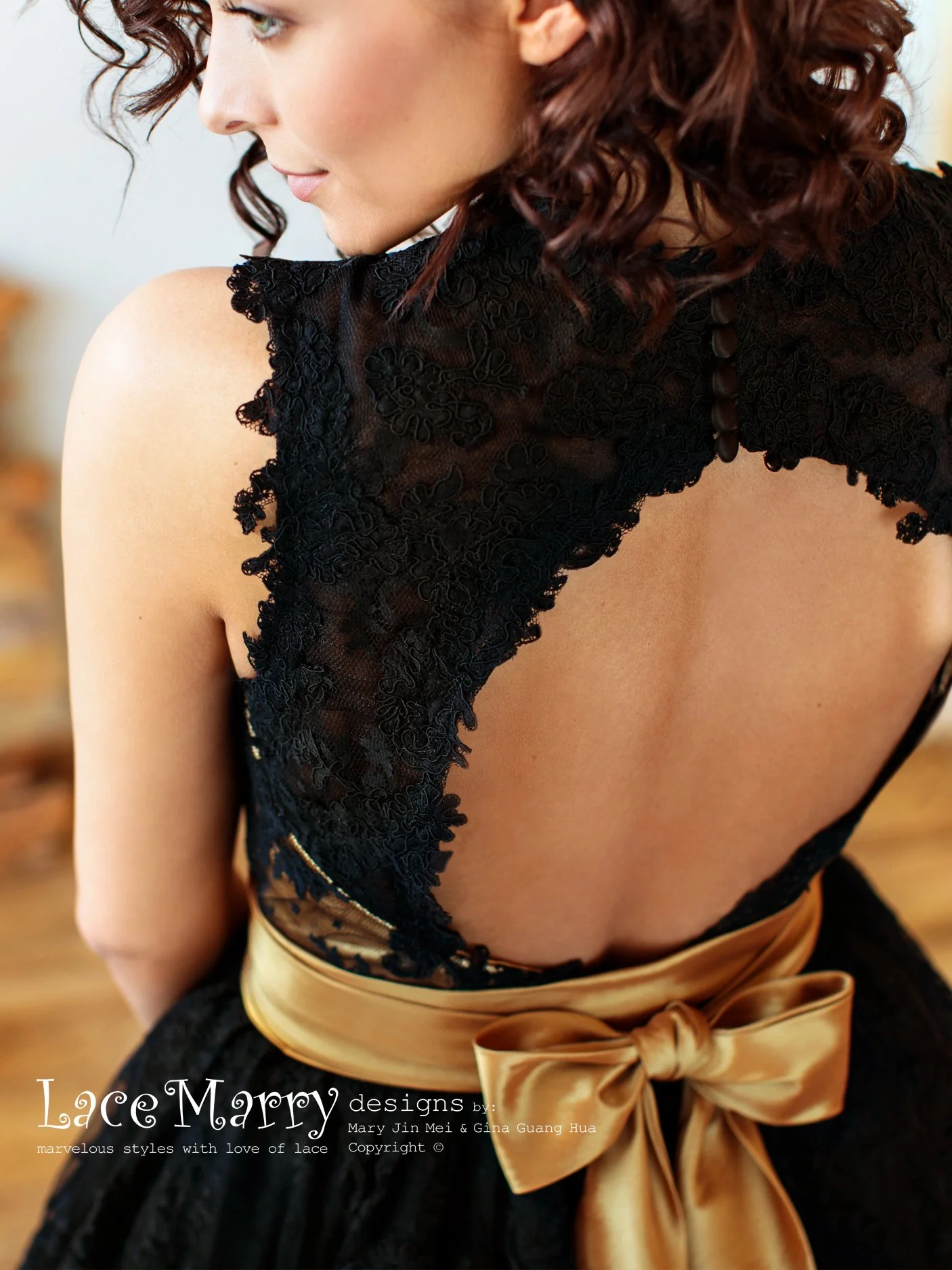 Knee Length Black Wedding Dress with Gold Underlay and Sash - Image 7