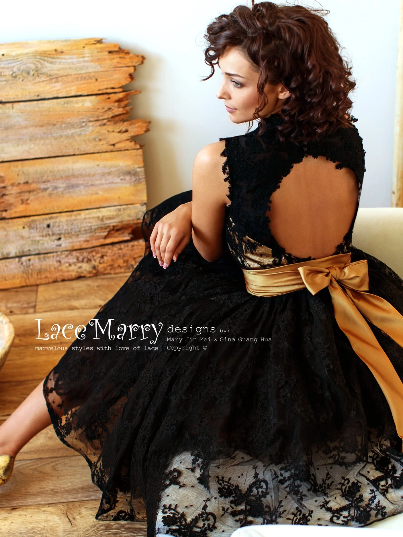 Knee Length Black Wedding Dress with Gold Underlay and Sash - Image 9
