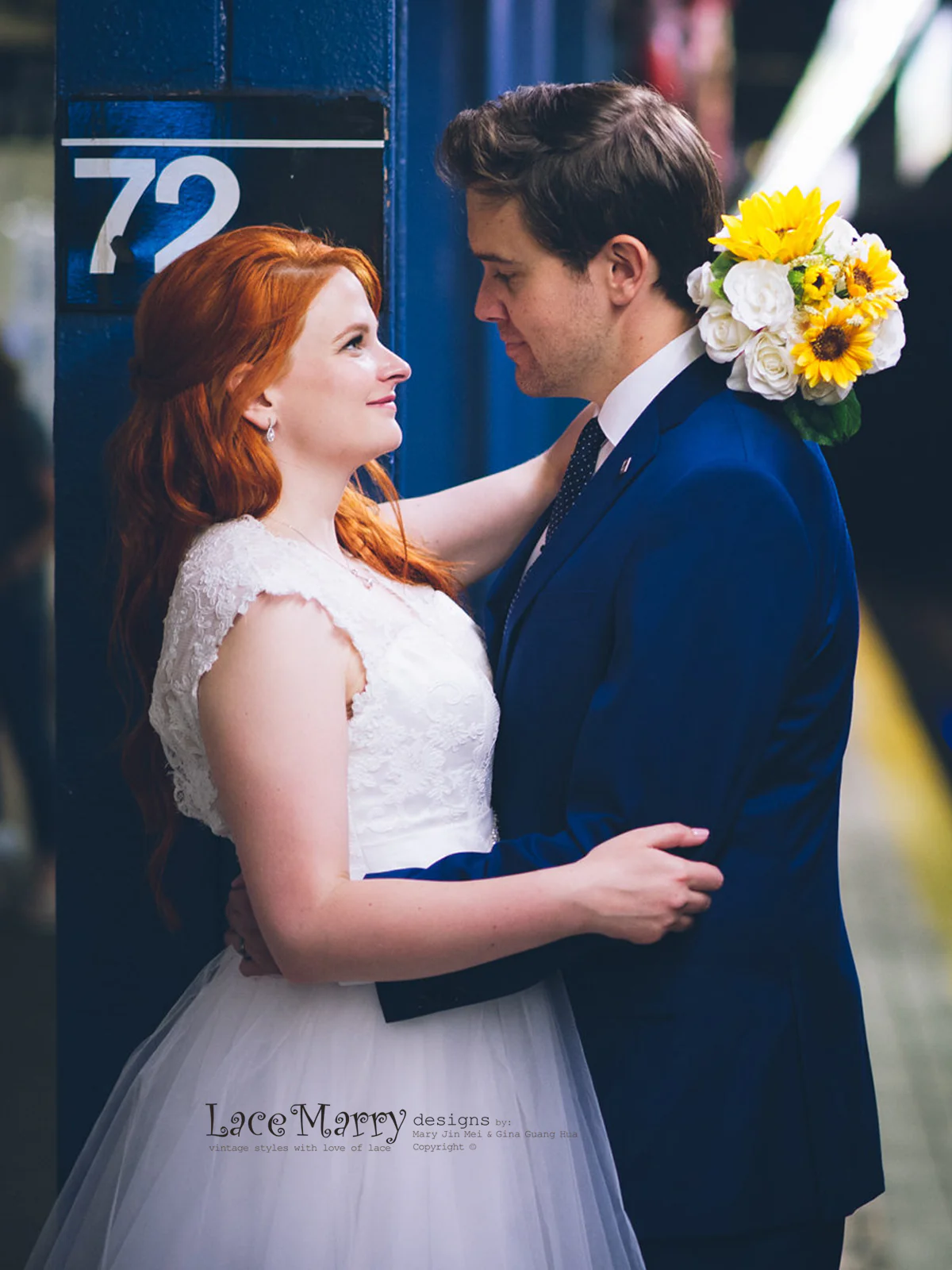 Knee Length Lace Wedding Dress with Tulle Skirt - Image 3