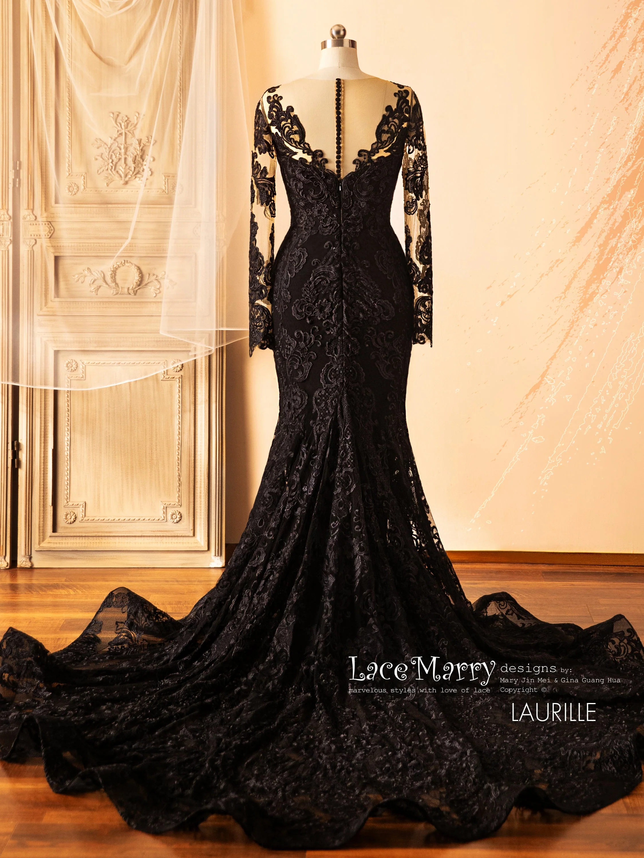 LAURILLE / Black Wedding Dress with Long Sleeves - Image 3