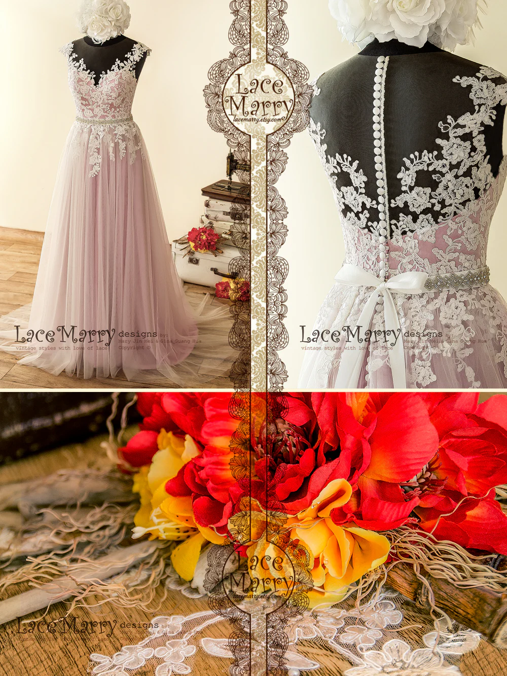 Lilac Underlay Boho Wedding Dress with Illusion Neckline - Image 9