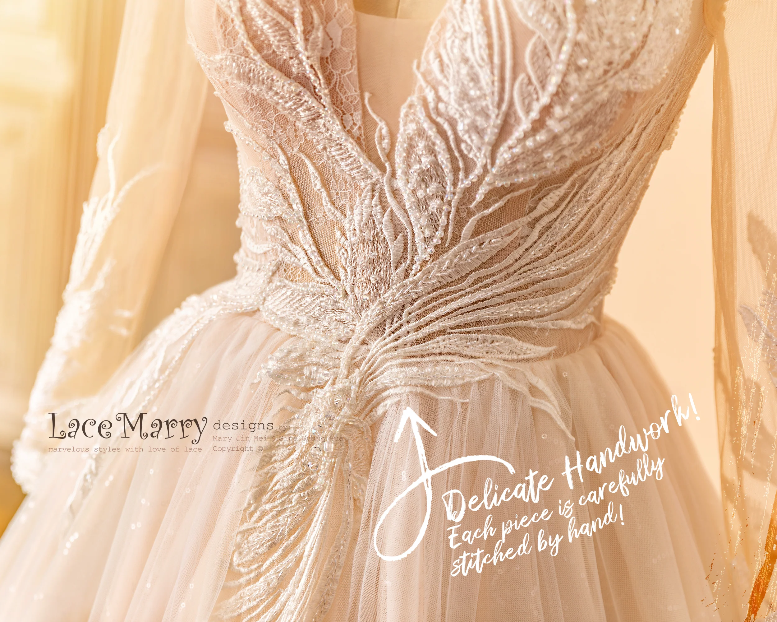 MIA / Long Sleeves Wedding Dress with Hand Beaded Amazing Flower Appliques - Image 11