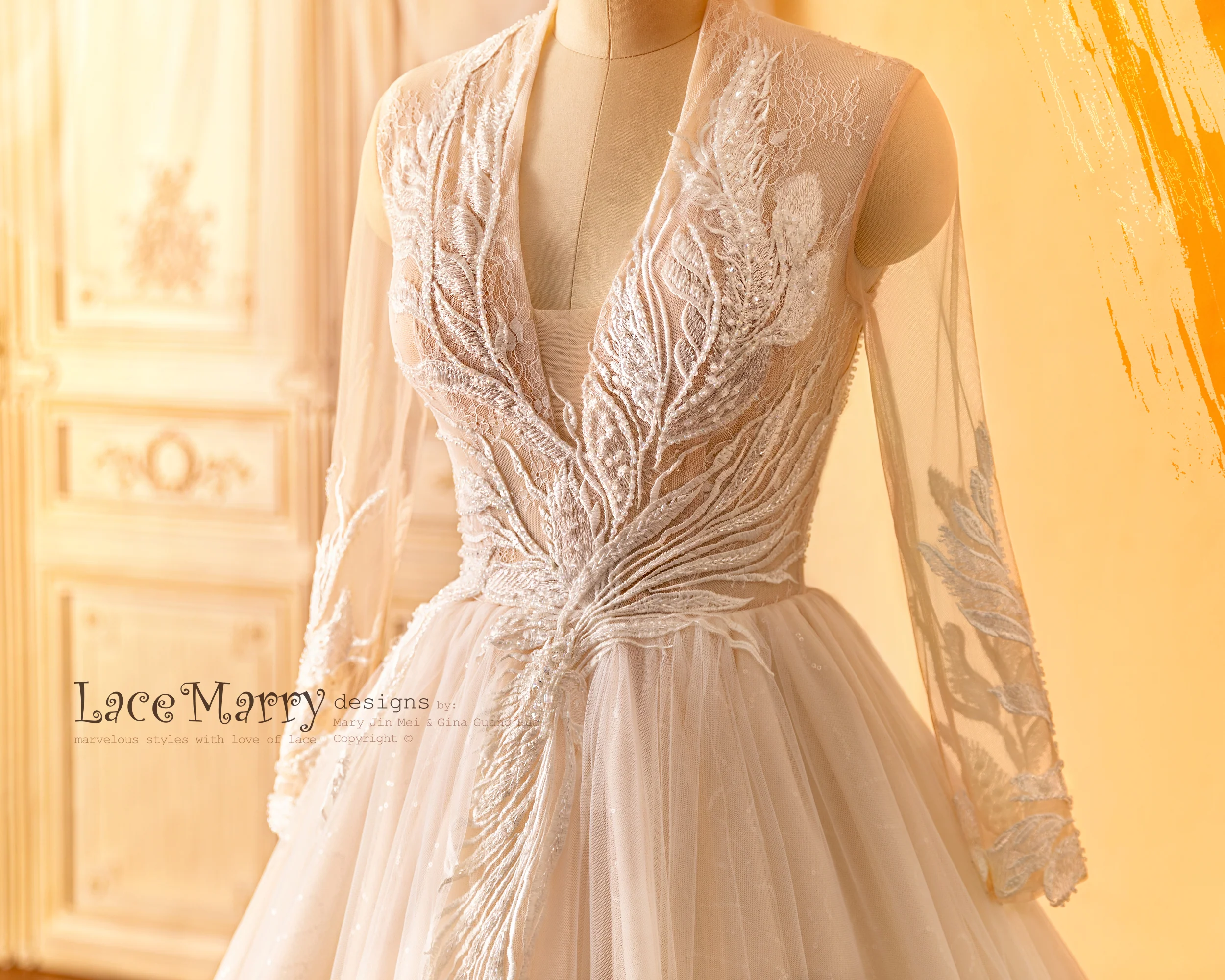 MIA / Long Sleeves Wedding Dress with Hand Beaded Amazing Flower Appliques - Image 13