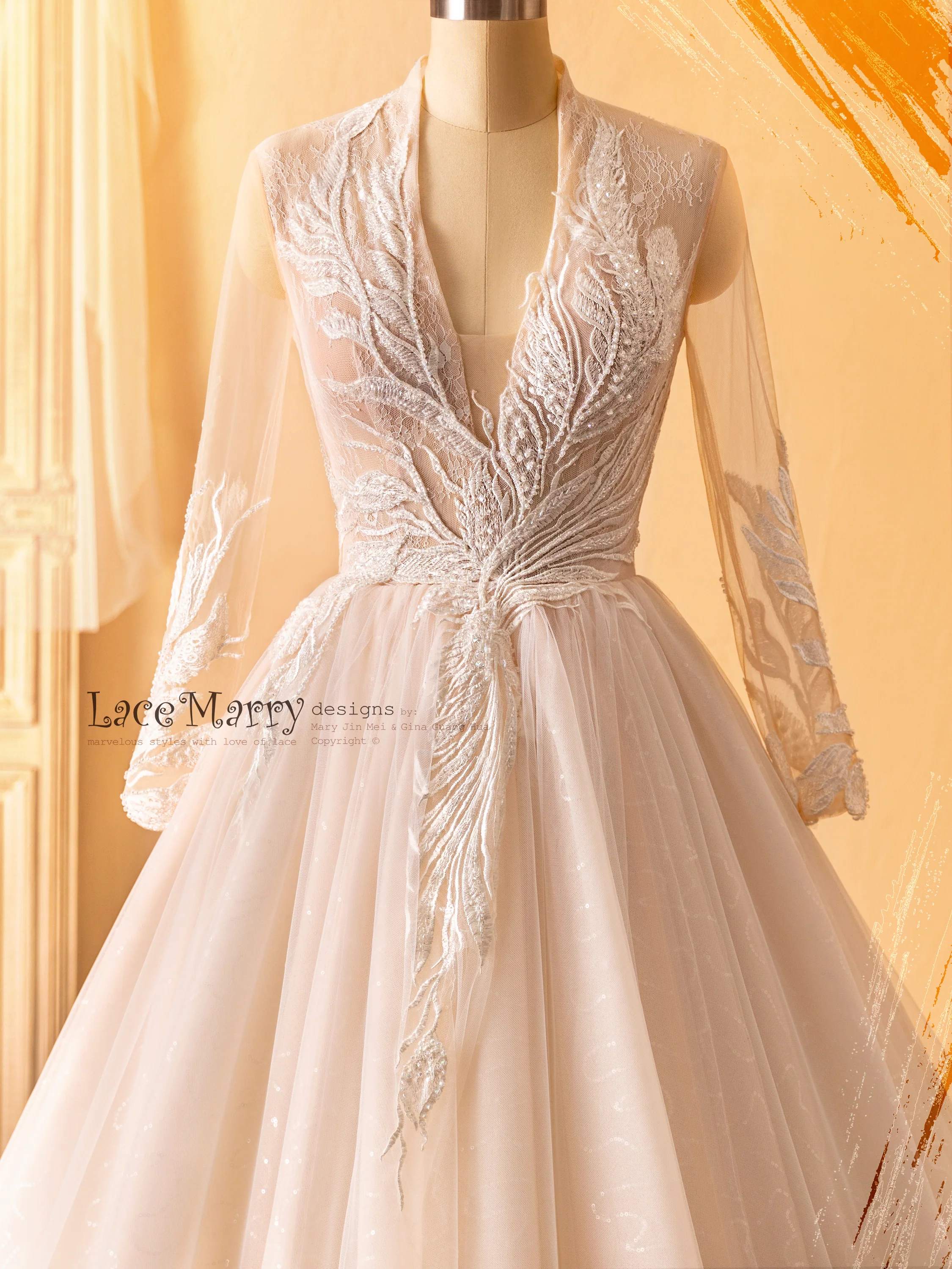 MIA / Long Sleeves Wedding Dress with Hand Beaded Amazing Flower Appliques - Image 5