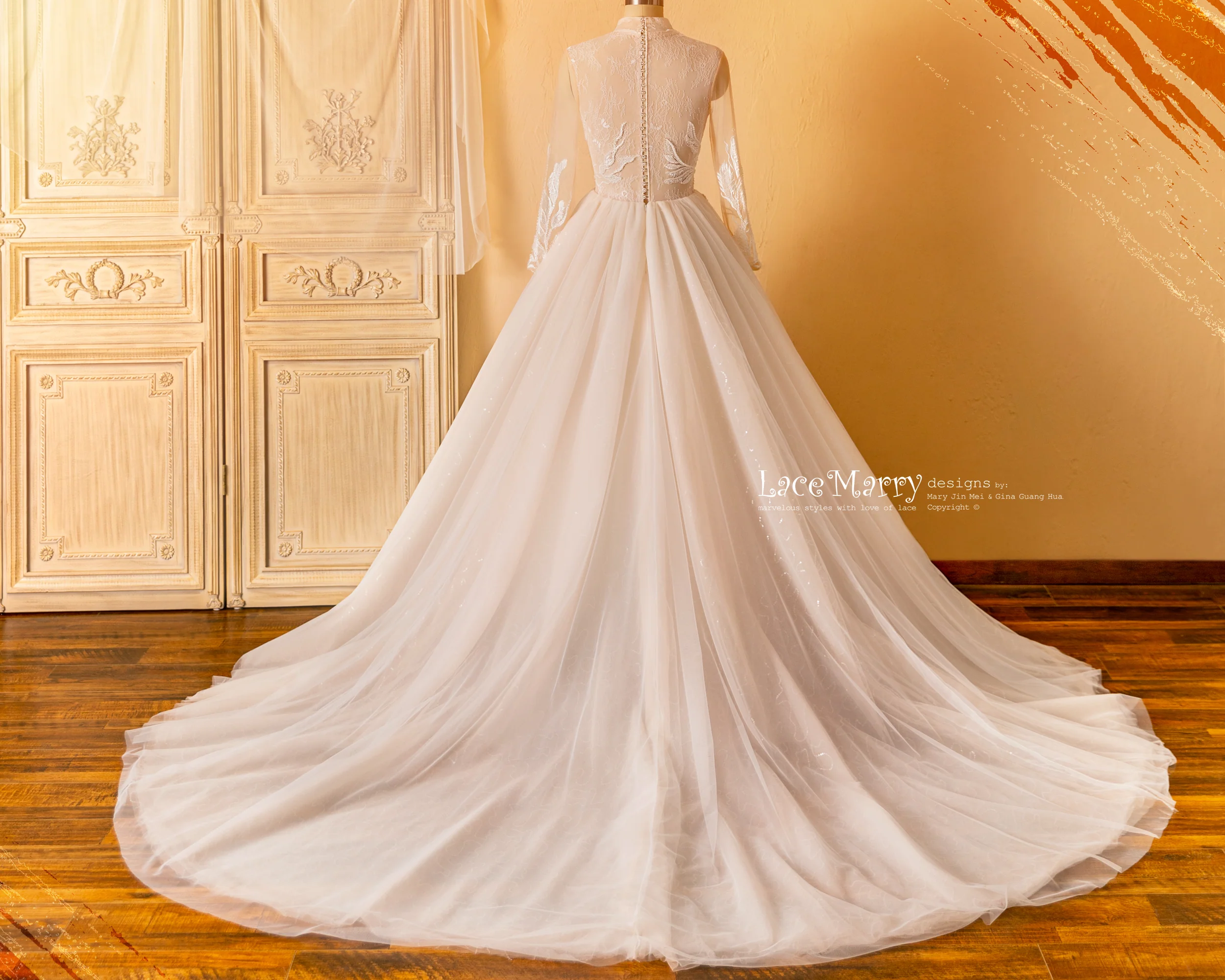 MIA / Long Sleeves Wedding Dress with Hand Beaded Amazing Flower Appliques - Image 9