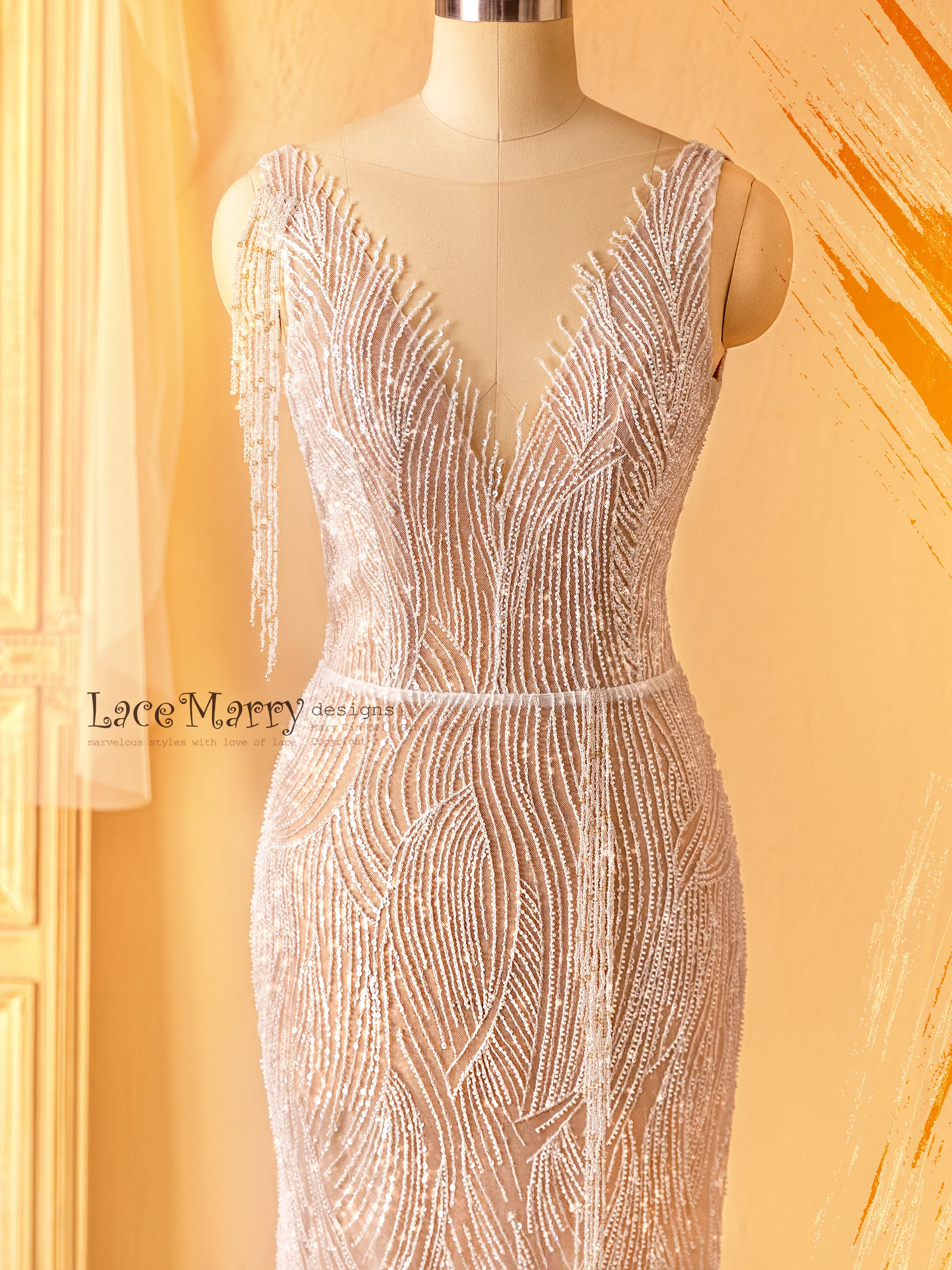 MARGO / Beaded Sheath Wedding Dress in Nude Color - Image 10