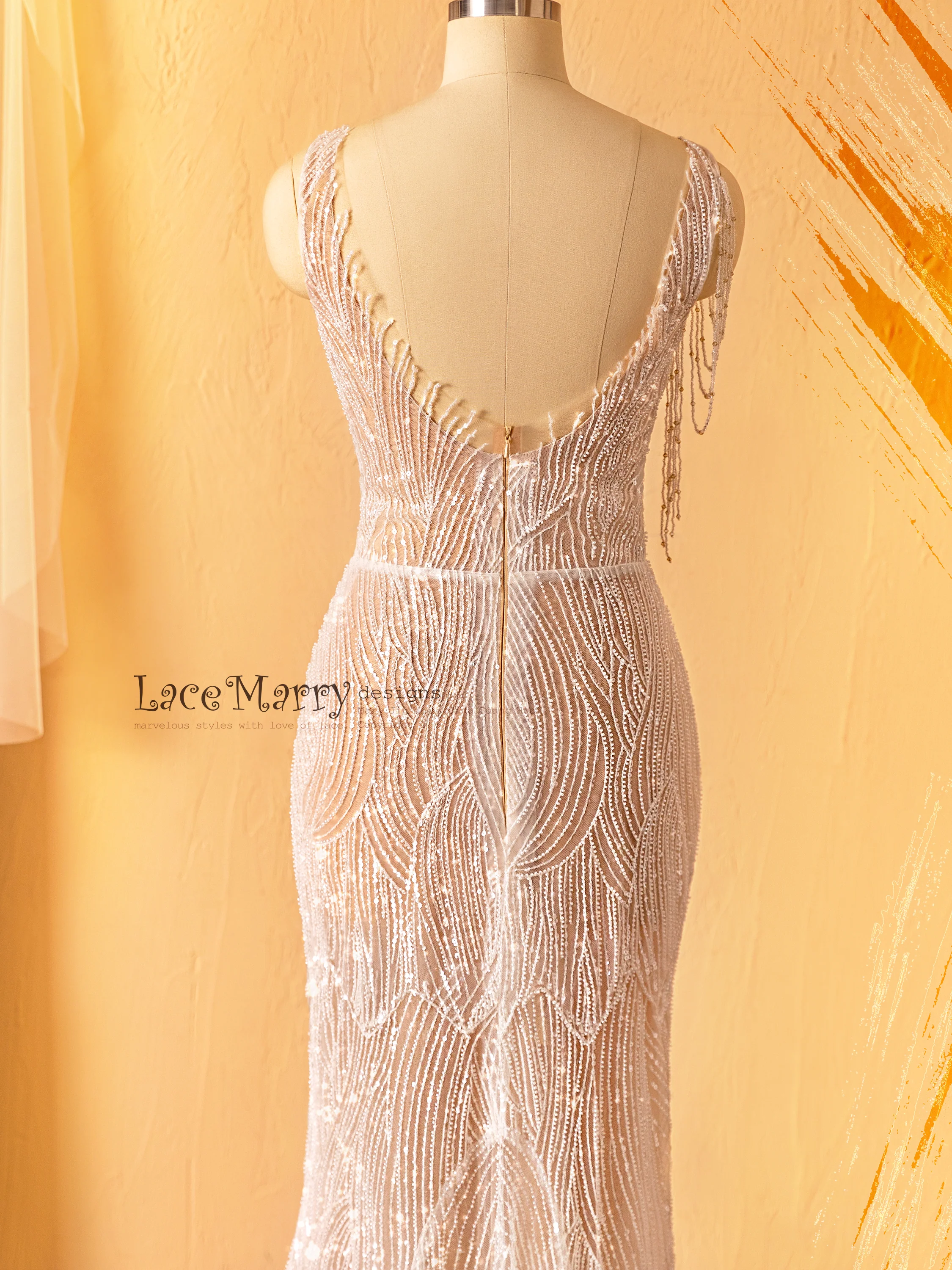 MARGO / Beaded Sheath Wedding Dress in Nude Color - Image 15
