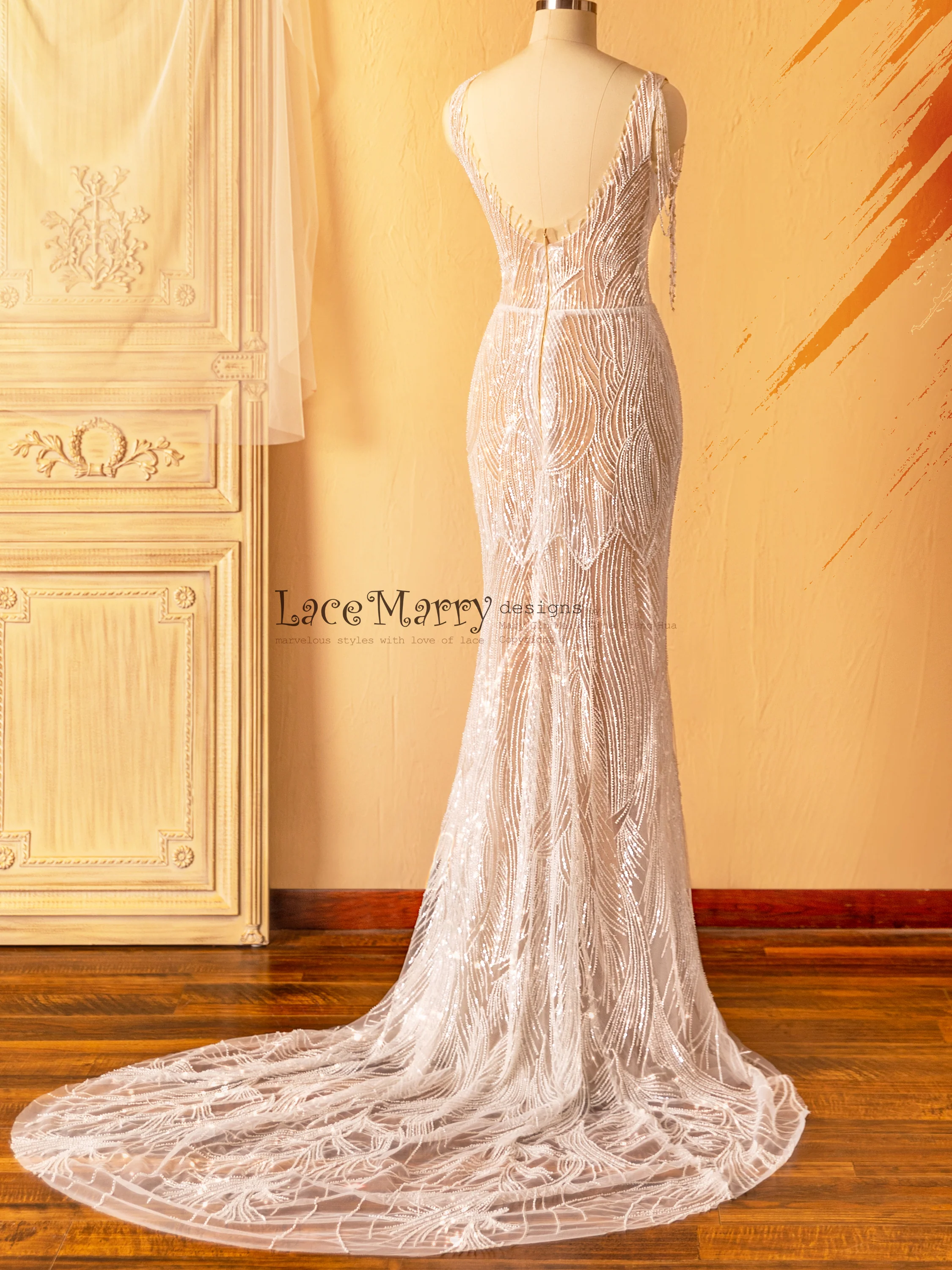 MARGO / Beaded Sheath Wedding Dress in Nude Color - Image 16