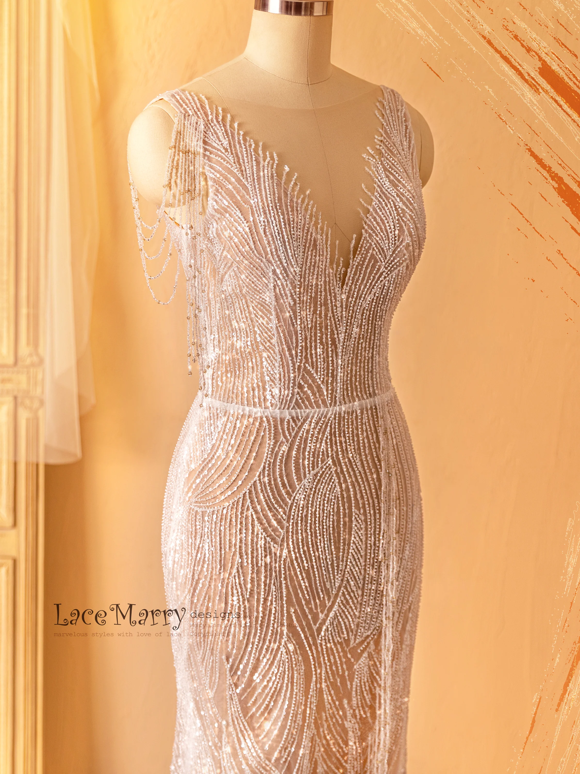 MARGO / Beaded Sheath Wedding Dress in Nude Color - Image 4