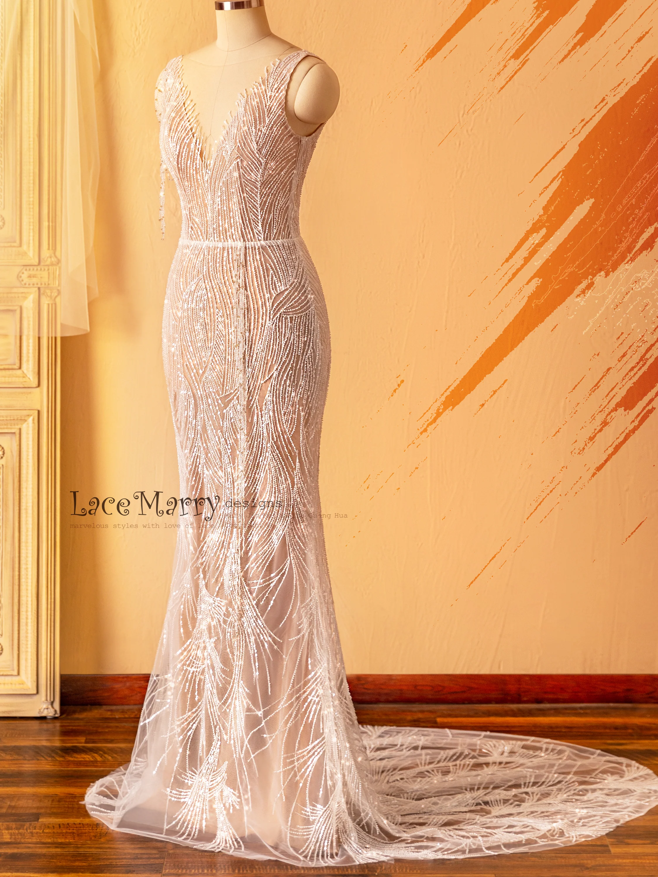 MARGO / Beaded Sheath Wedding Dress in Nude Color - Image 7