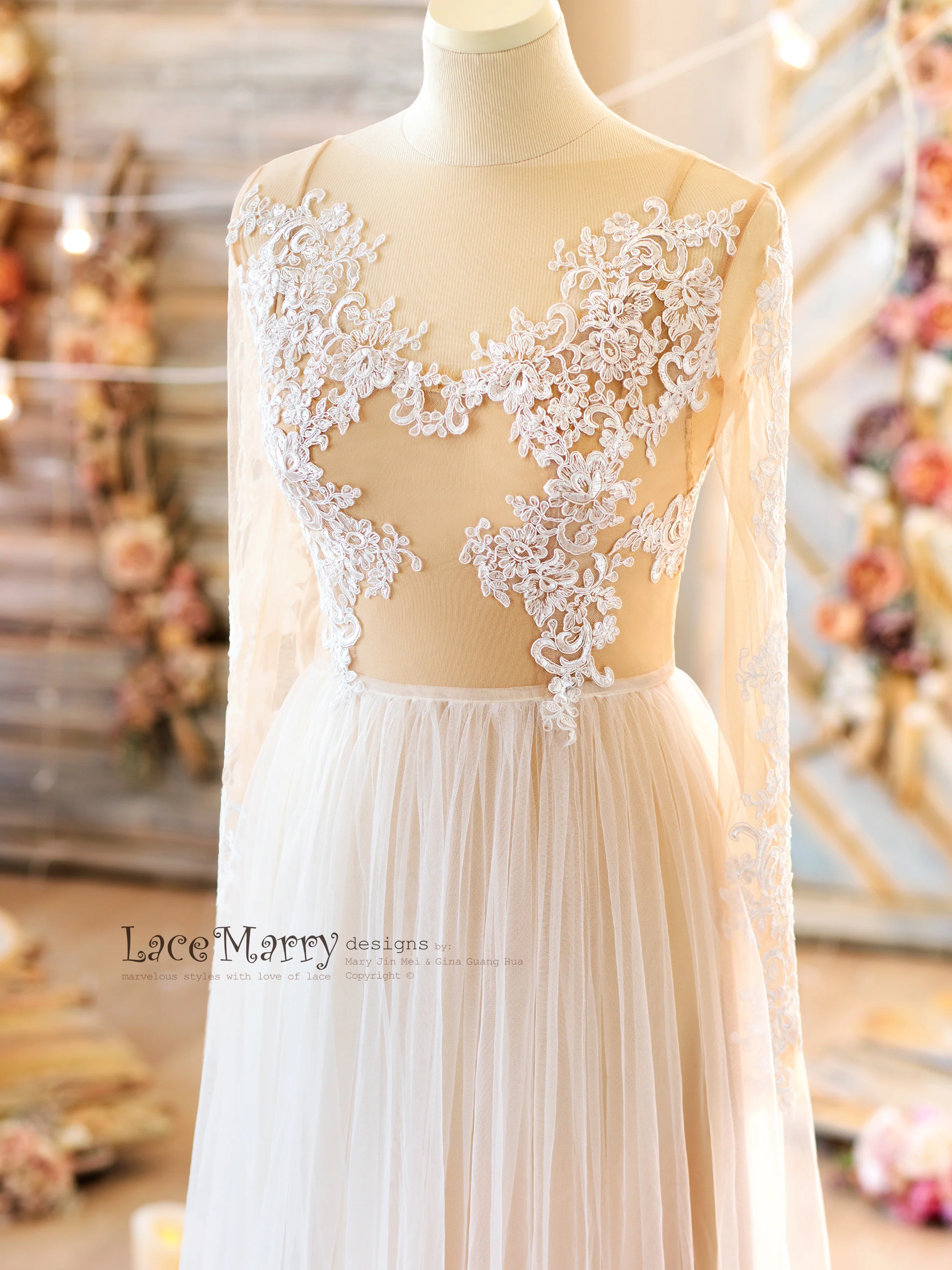 NAILA / Bohemian Wedding Dress with Long Lace Sleeves - Image 3