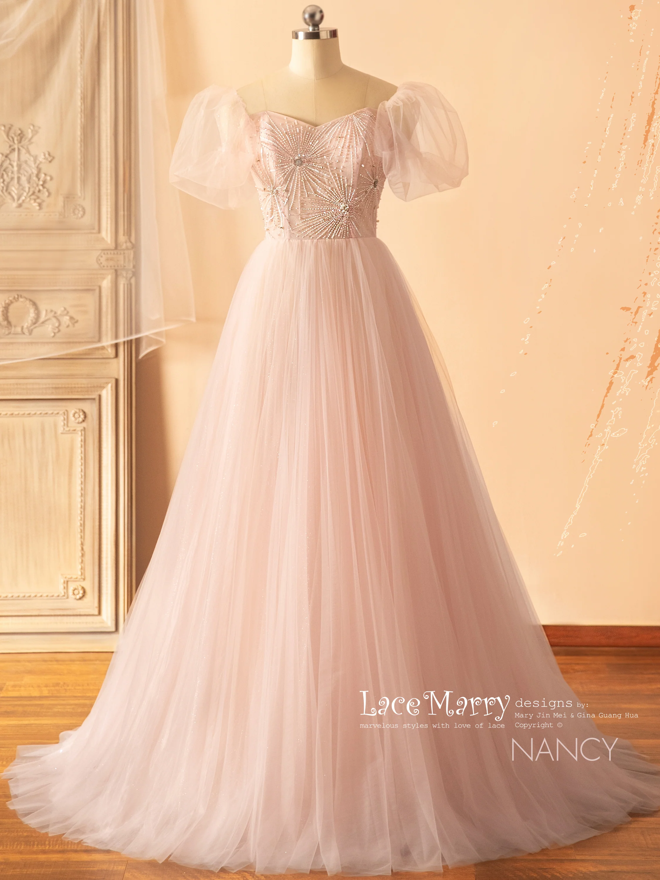 NANCY / Light Pink Wedding Dress with Off Shoulder Puff Sleeves - Image 3