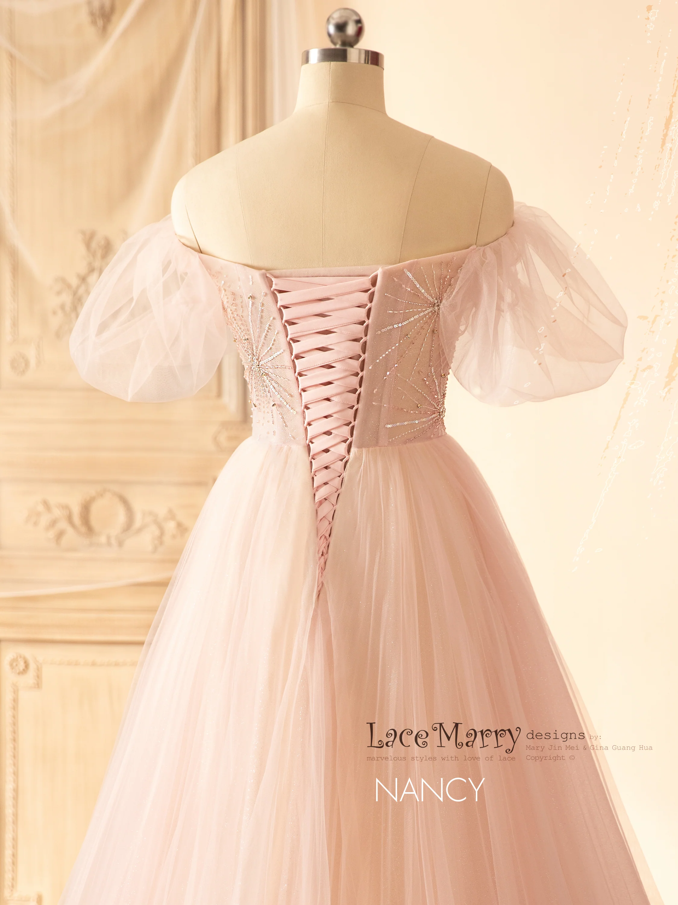 NANCY / Light Pink Wedding Dress with Off Shoulder Puff Sleeves - Image 5